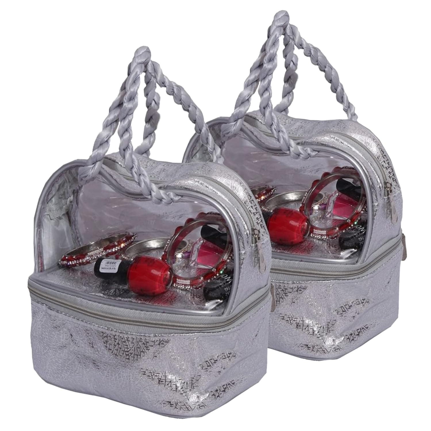 Kuber Industries Makeup kit | Choti Pattern Cosmetic Kit | Double Layer Cosmetic Kit | Laminated Travel Jewellery Kit | Vanity Makeup kit with Handle | Pack of 2 | Silver