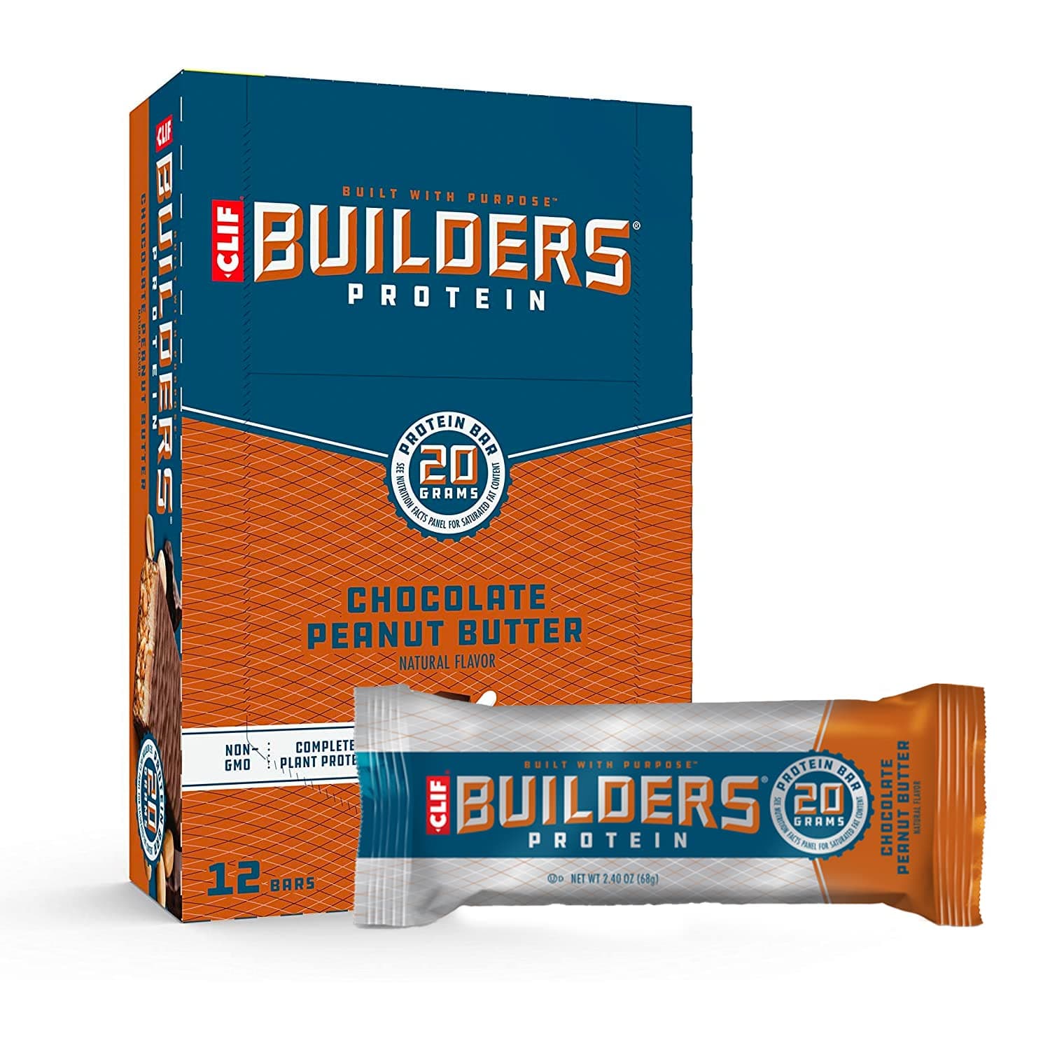 Clif Builders Protein Bars, Gluten Free & Vegan Friendly, Chocolate Peanut Butter, 12 x 68g