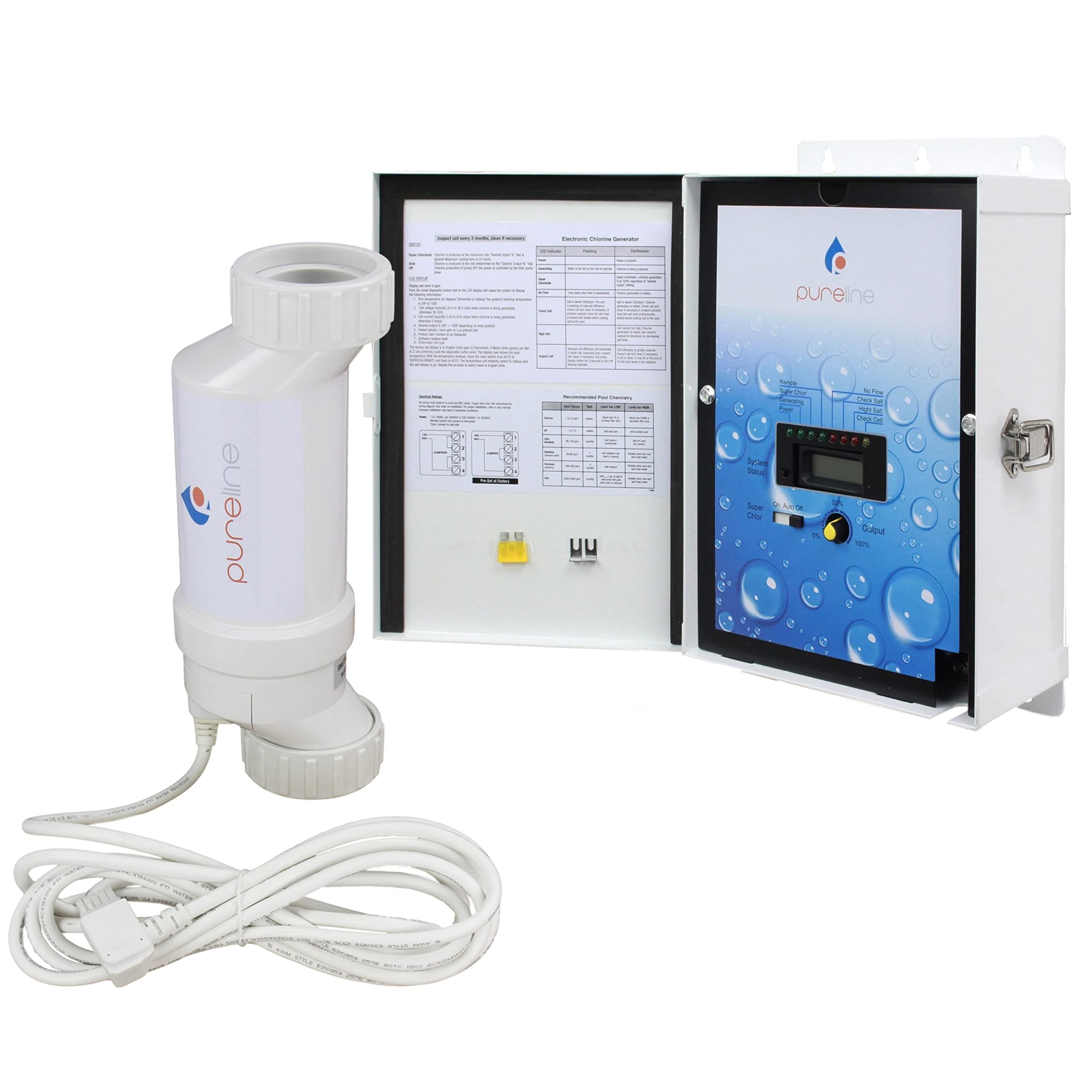 Pureline Crystal Pure Salt System, PL7700, Universal Pool Salt Chlorination System, includes Control Panel, Salt Cell, 40,000 Gallon