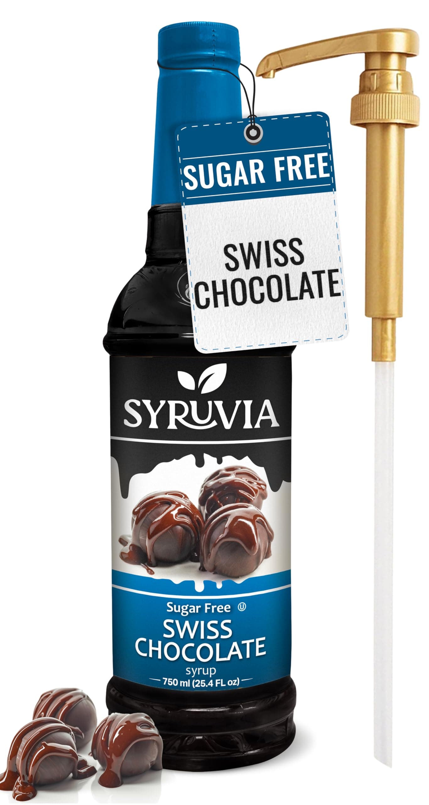 Syruvia Sugar Free Coffee Syrup, Swiss Chocolate Flavored Syrup for Drinks, Lattes, and Desserts – 25.4 fl oz, With Pump