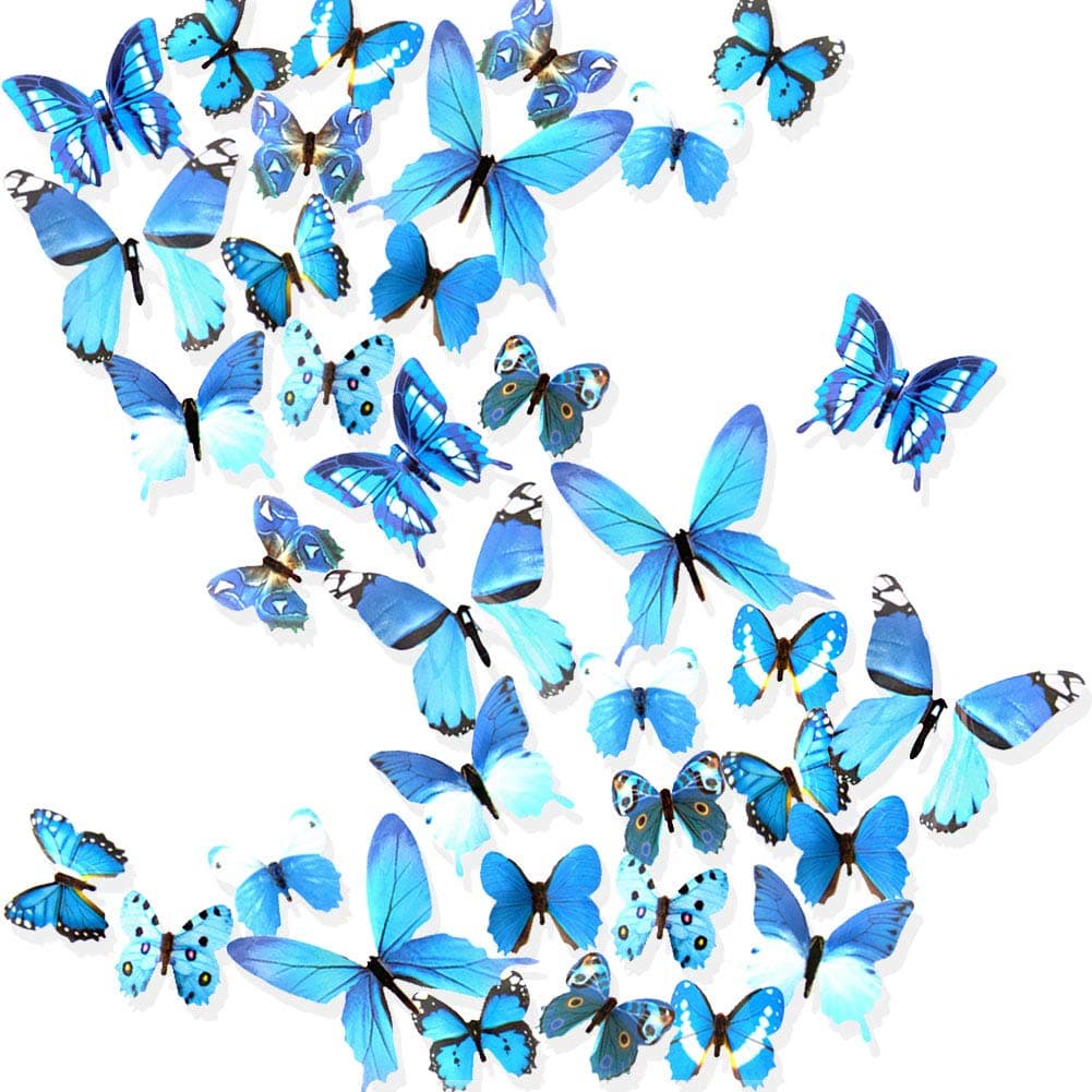 Ewong Butterfly Wall Decals, 36PCS 3D Butterflies Home Decor for Room, Wall Sticker for Girls Room Kids Bedroom Bathroom Baby Nursery Decoration (Blue)