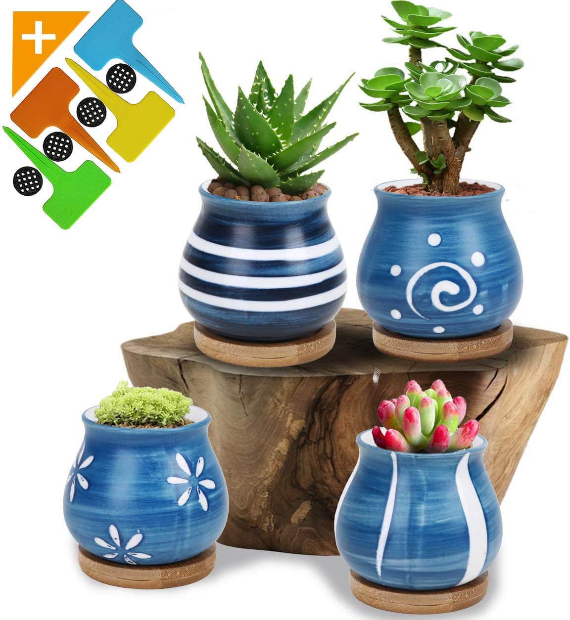 Succulent Plant Pots Succulent Planter - with Bamboo Tray Set of 4, Flower Pot with a Drainage Hole, Mini Succulent Pot for Windowsill and Office Table Decoration