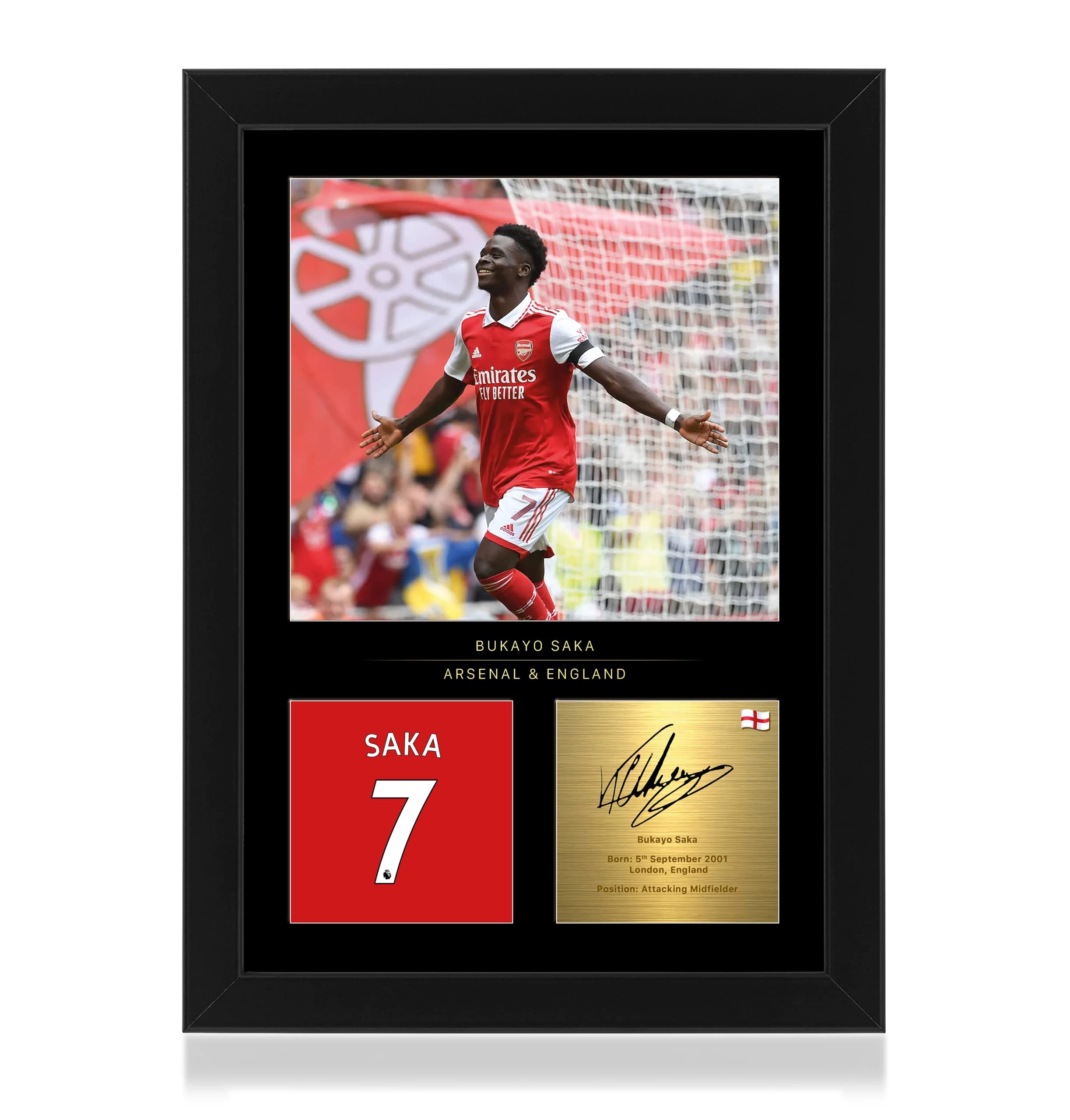 Win FC Bukayo Saka Signed A4 Framed Photo Display - Reproduced Digital Signature - Gift For Arsenal Fans
