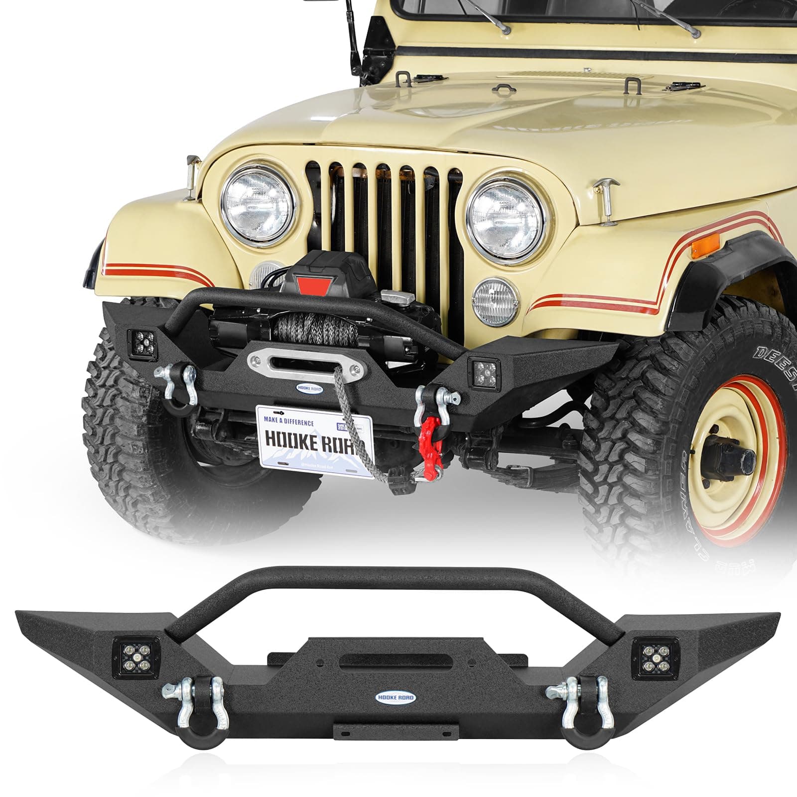 Hooke Road CJ7 Front Bumper w/Winch Plate & LED Spotlights for 1976-1986 Jeep CJ-5 CJ-7 CJ-8 Scrambler