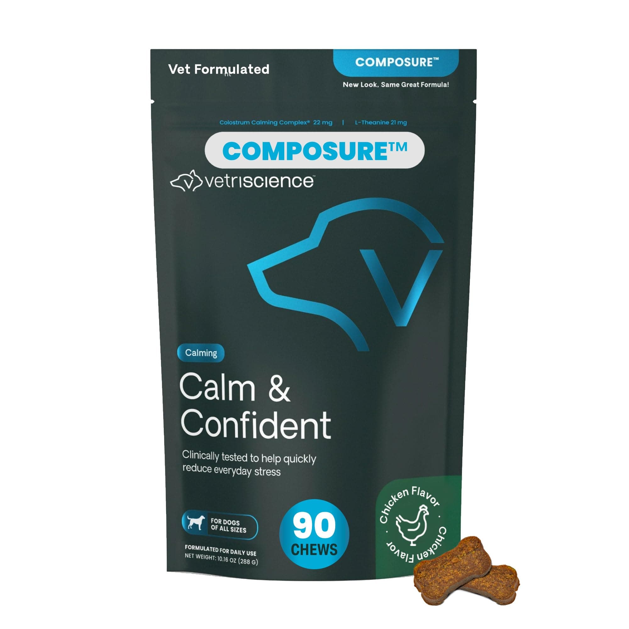 VetriScience Calm & Confident Chews, Composure Clinically Tested Calming & Anxiety Ashwagandha Supplement for Dogs, Stress Relief, Separation Anxiety, Behavior Support, Chicken, 90 Count
