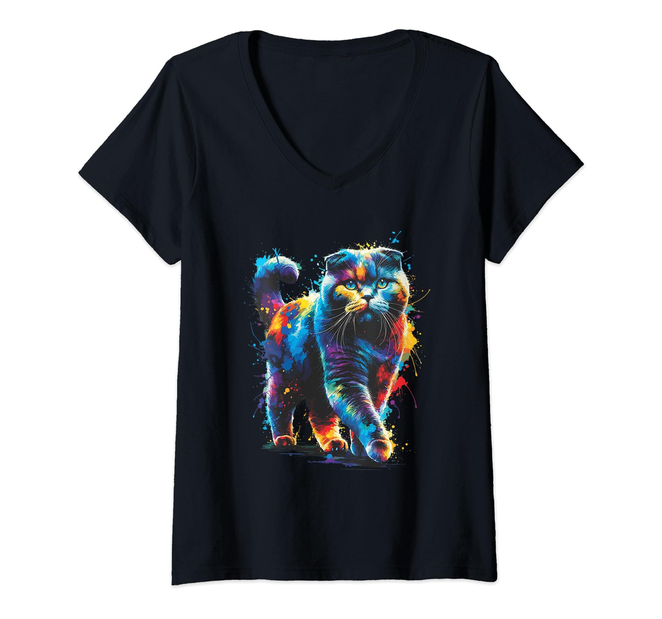 Womens Colorful Splash Art Scottish Fold Cat Scottish Folds Coupari V-Neck T-Shirt