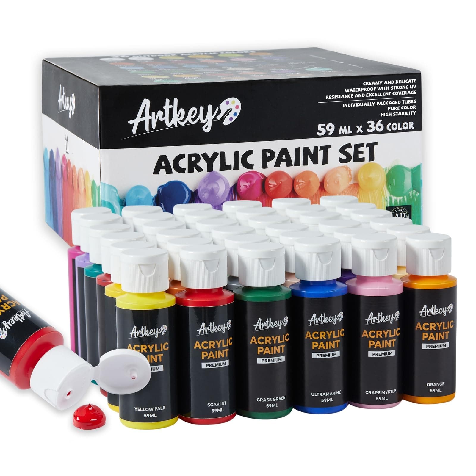 Acrylic Paint Set - 36 Colors 2 oz/59 ml Acrylic Paints Professional Artists Painting Kit for Canvases Fabric Rock Leather Easter Egg Wood Ceramic Glass Art Craft Painting