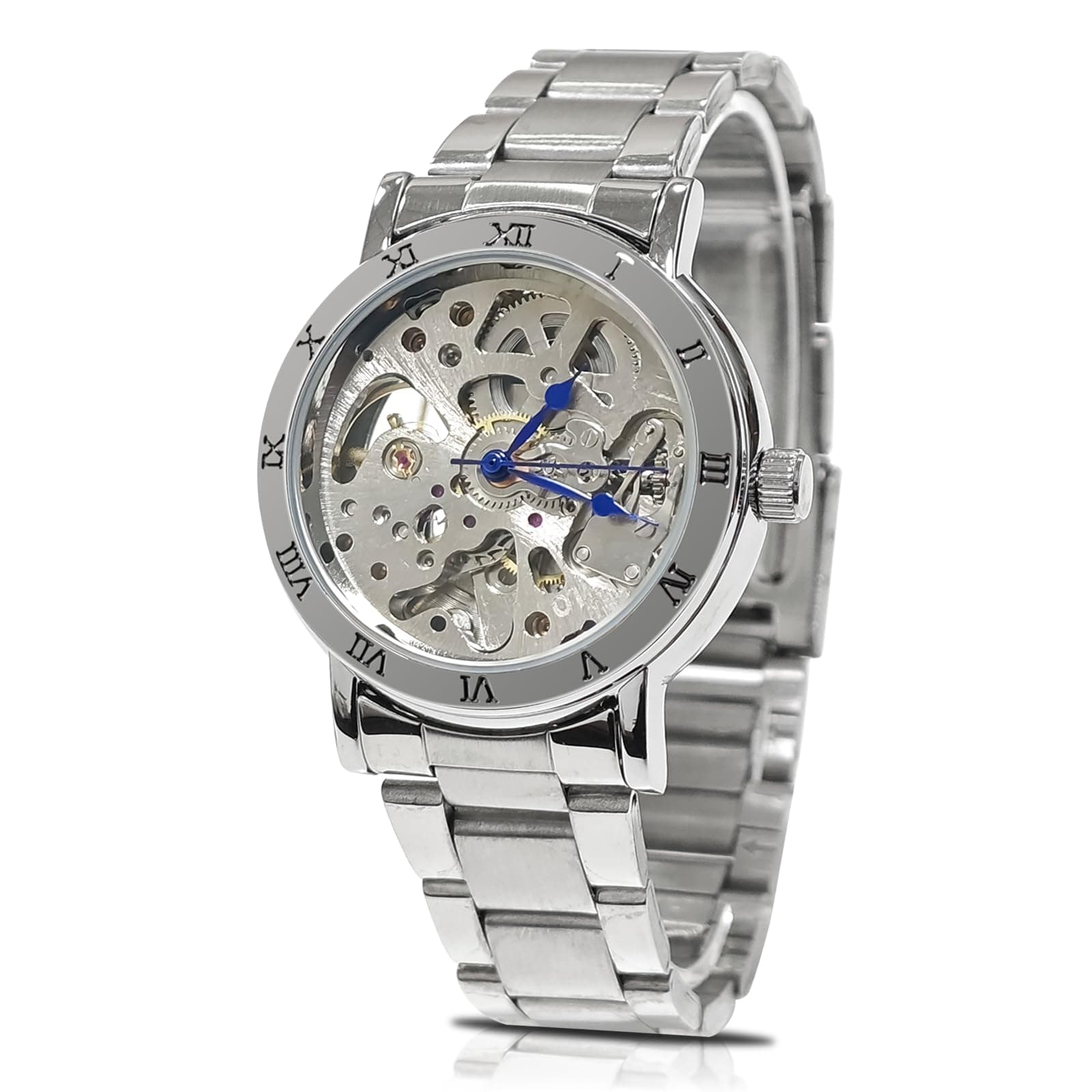 Women Automatic Watch,Minimalist Steampunk Silver Tone Self-Winding Stainless Steel Bracelet Watch