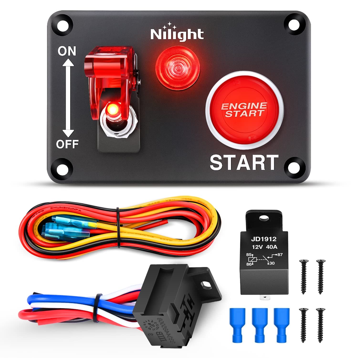 Nilight Ignition Switch Panel 12V 2 in 1 Rocker Switch with Engine Push Button Toggle Switches with relay wiring harness LED for RV Truck Racing Car Boat Marine Trailer, 2 Years Warranty