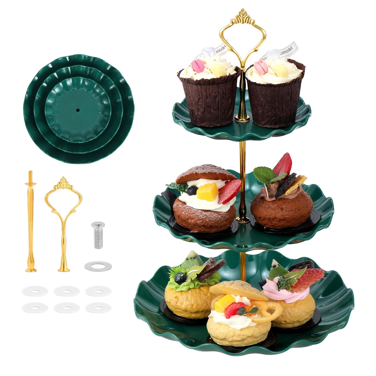 2 Pcs 3 Tiers Cake Display Stand, Reusable Cupcake Holders for Afternoon Tea, Plastic Cake Fruit Dessert Serving Platter Stand, Cake Display Tower for Birthday, Wedding, Party-Dark Green