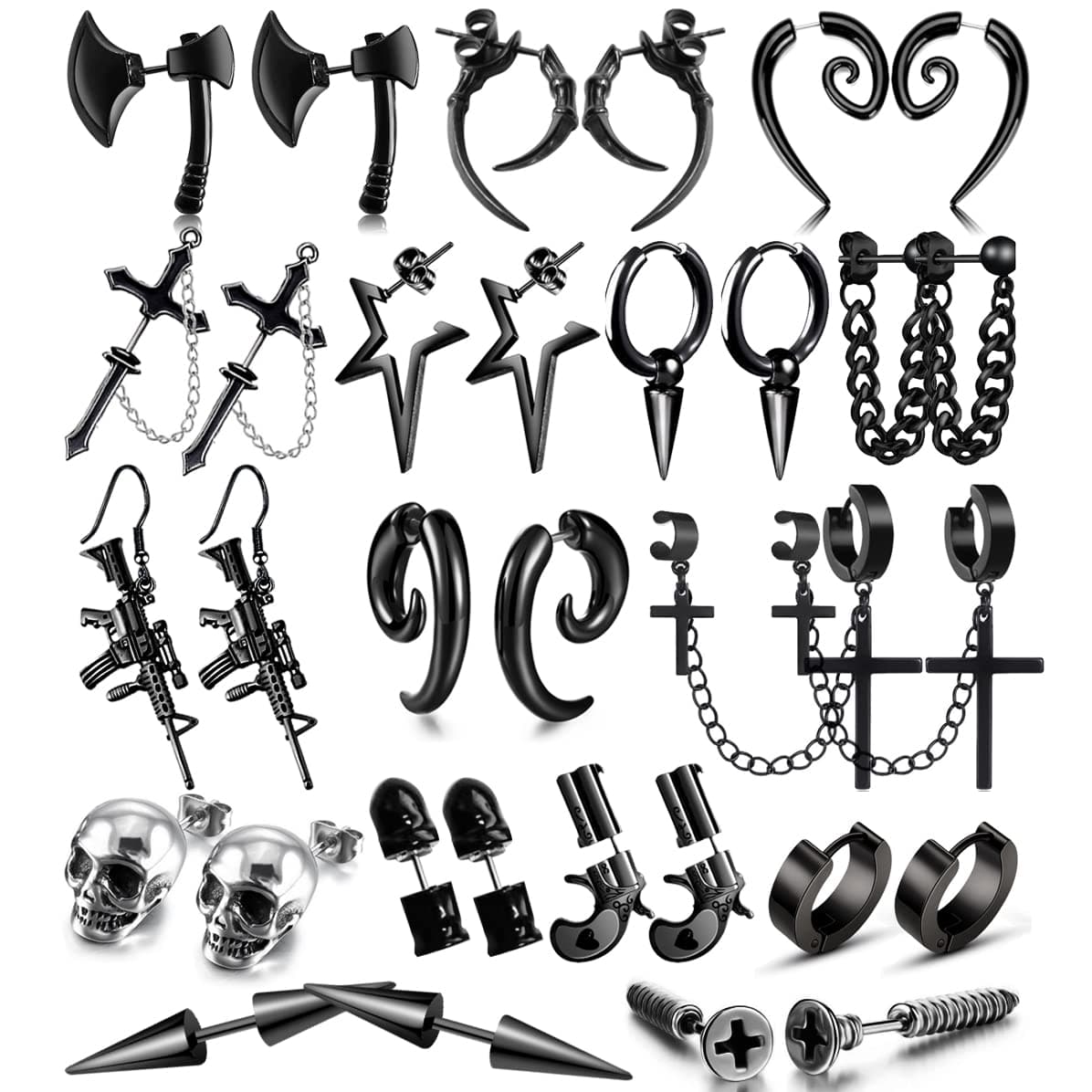 WYW 16 Pairs Stainless Steel Punk Y2K Black Dangle Earrings - Axe Skull Screw Cone Huggie Hoop Long Chain Piercing Hoop Set for Unisex