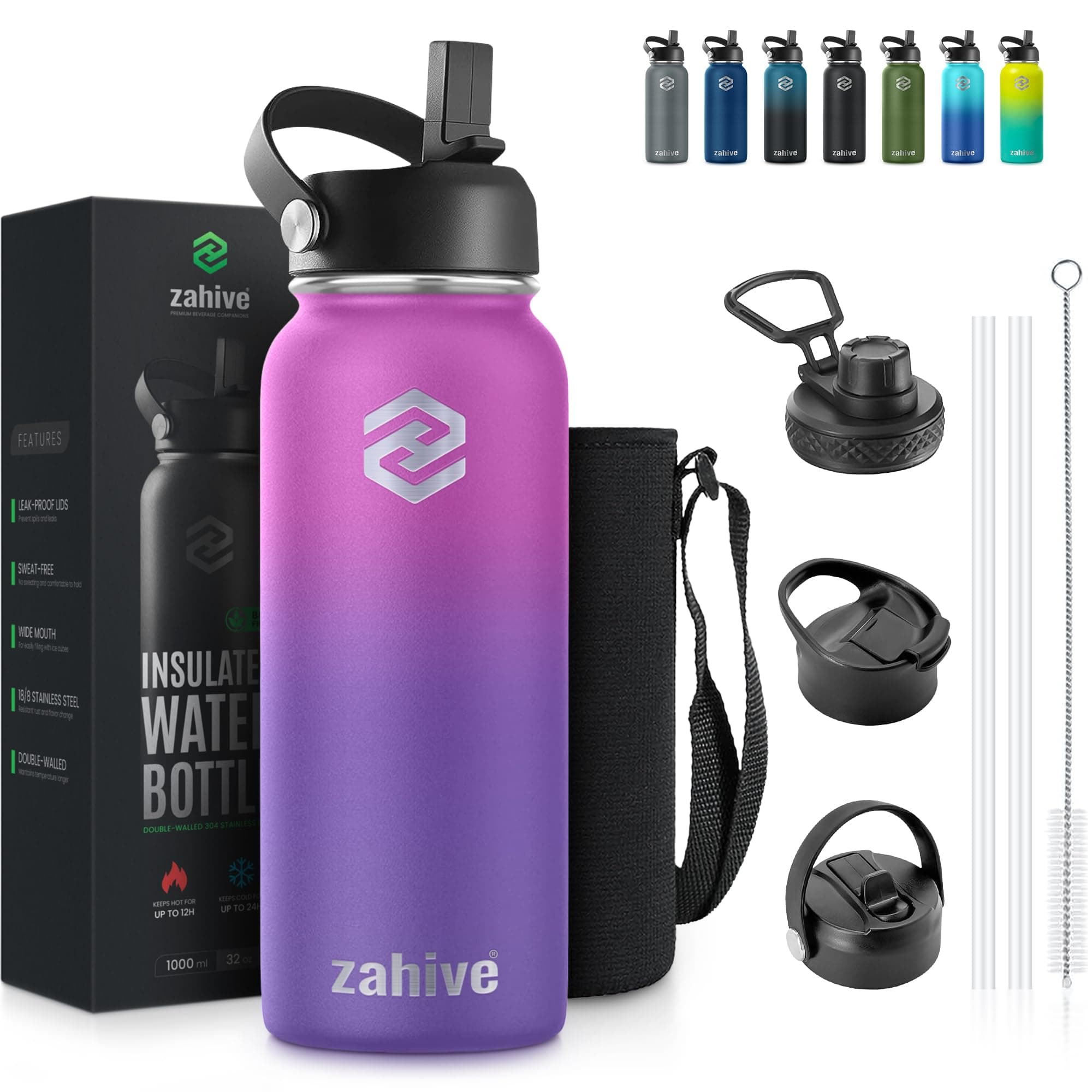 Insulated Water Bottle 1l with 3 Lids & Bag - Stainless Steel Water Bottle with Straw - 1000ml Double Wall Thermos Flask for Travel Hot & Cold Drinks, Sports, Gym, Leak Proof (32oz, Purple)