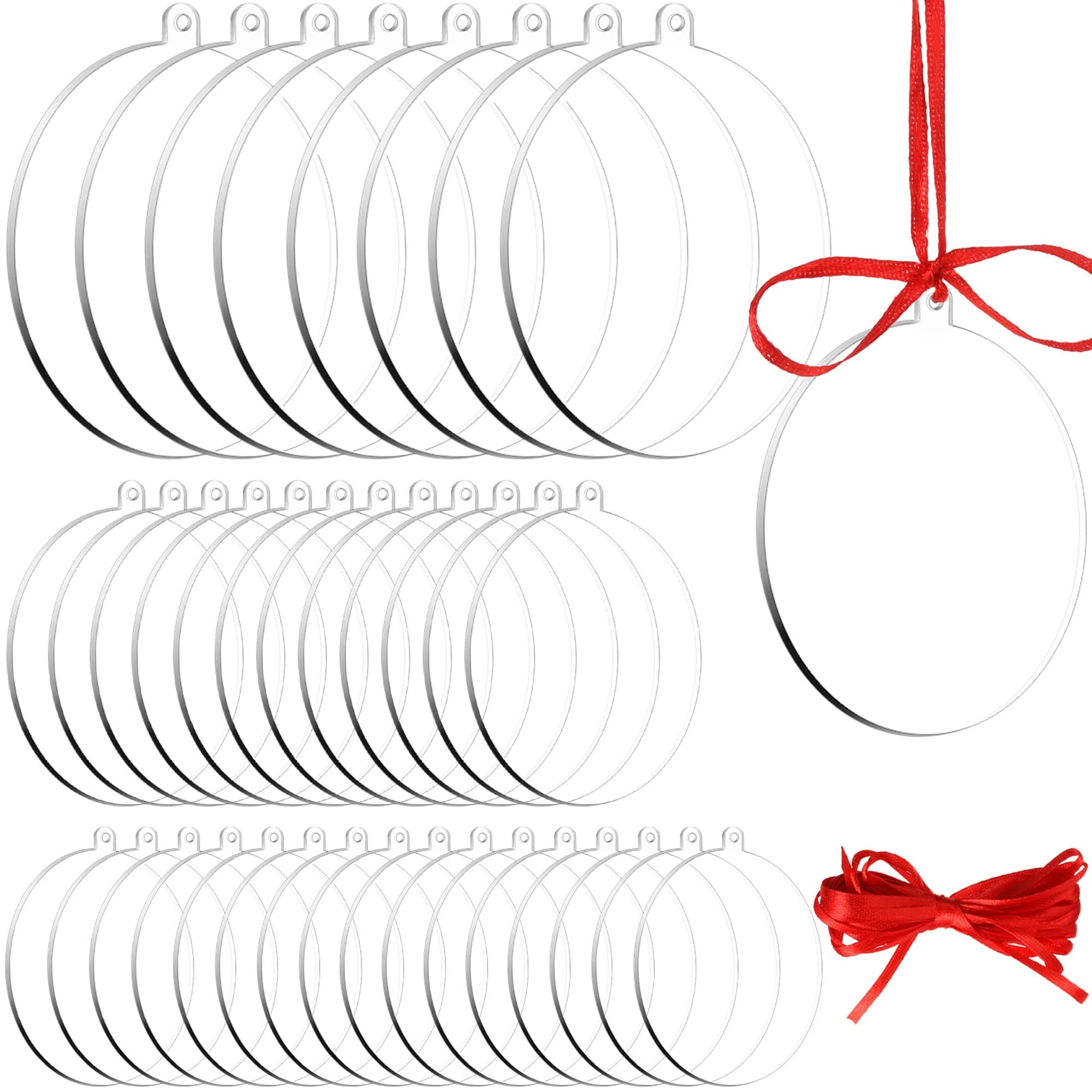 36 Pieces Christmas Acrylic Ornament Blanks for Crafts Clear Round Ornaments Acrylic Keychain Blanks Plastic Circle Ornaments with Red Ribbon for Art Project Painting DIY Craft (3 Sizes)