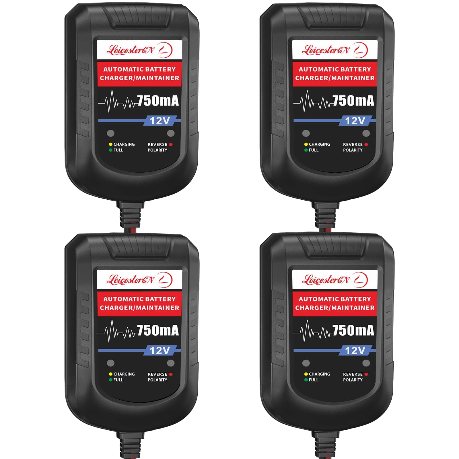 [4-Pack] LEICESTERCN Automatic Trickle Battery Charger Maintainer 12V 750mA Smart Float Charger for Car Motorcycle Lawn Mower Tractor Boat SLA ATV Wet AGM Gel Cell Lead Acid Batteries