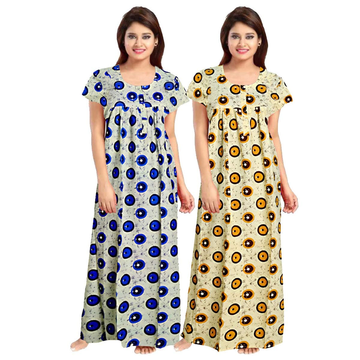 Trendy FabWomen's Cotton Block Print Maxi Nighty (ComboNT6877 XL Green,Orange_Green & Orange_XL)