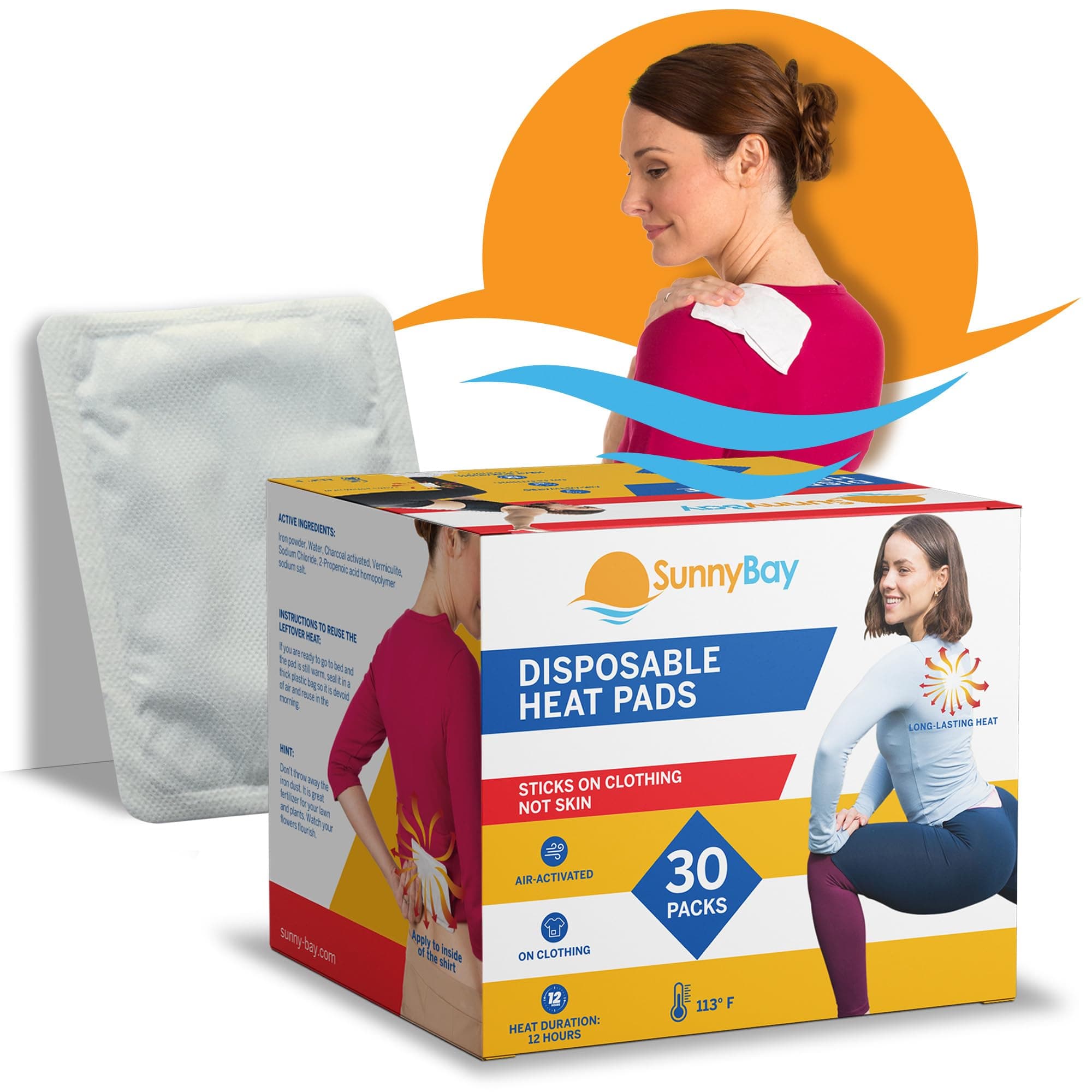 Adhesive Heat Patches for Neck, Knee, and Upper or Lower Back, Air-Activated Heat Pads for Menstrual Cramps, Stiffness, Sprains, and More, Stick to Clothing, 5x3 inches, 30 Count