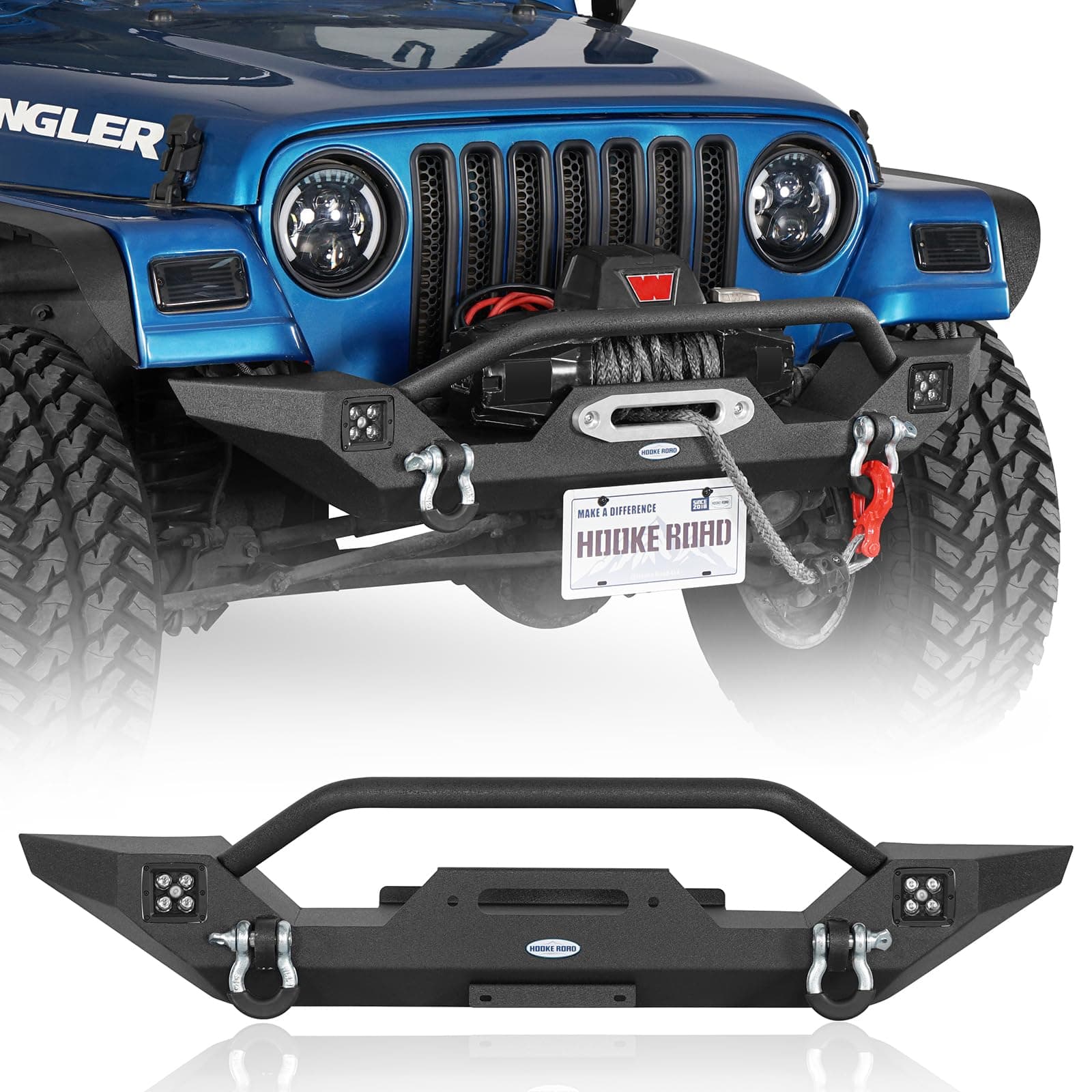 Hooke Road Wrangler TJ Front Bumper with Winch Plate & LED Lights & D-Rings for 1987-2006 Jeep Wrangler YJ TJ