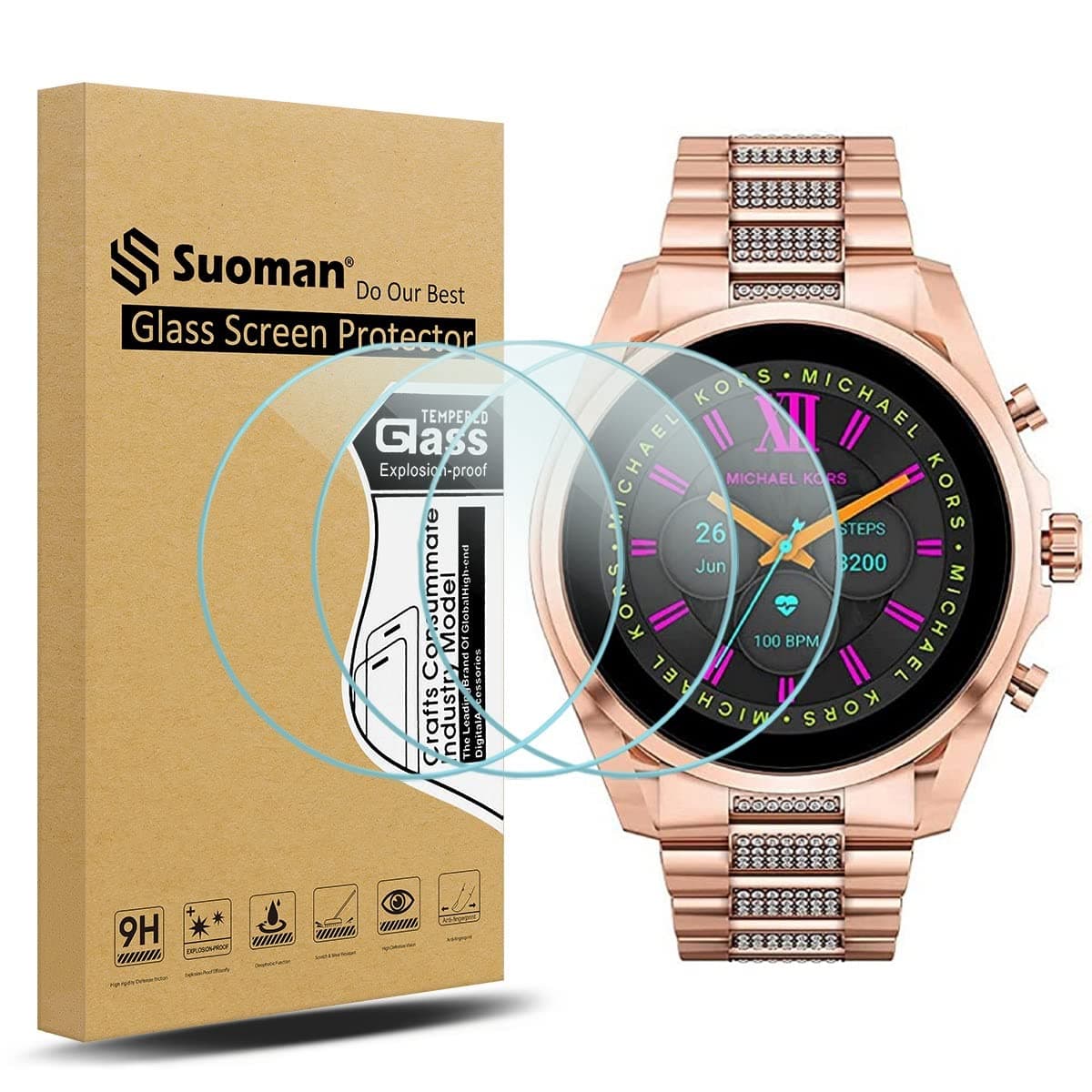Suoman 3-Pack for Michael Kors Gen 6 Bradshaw Screen Protector Tempered Glass, [Anti-Scratch] 2.5D 9H Hardness Ultra-Thin Tempered Glass Screen Protective Film