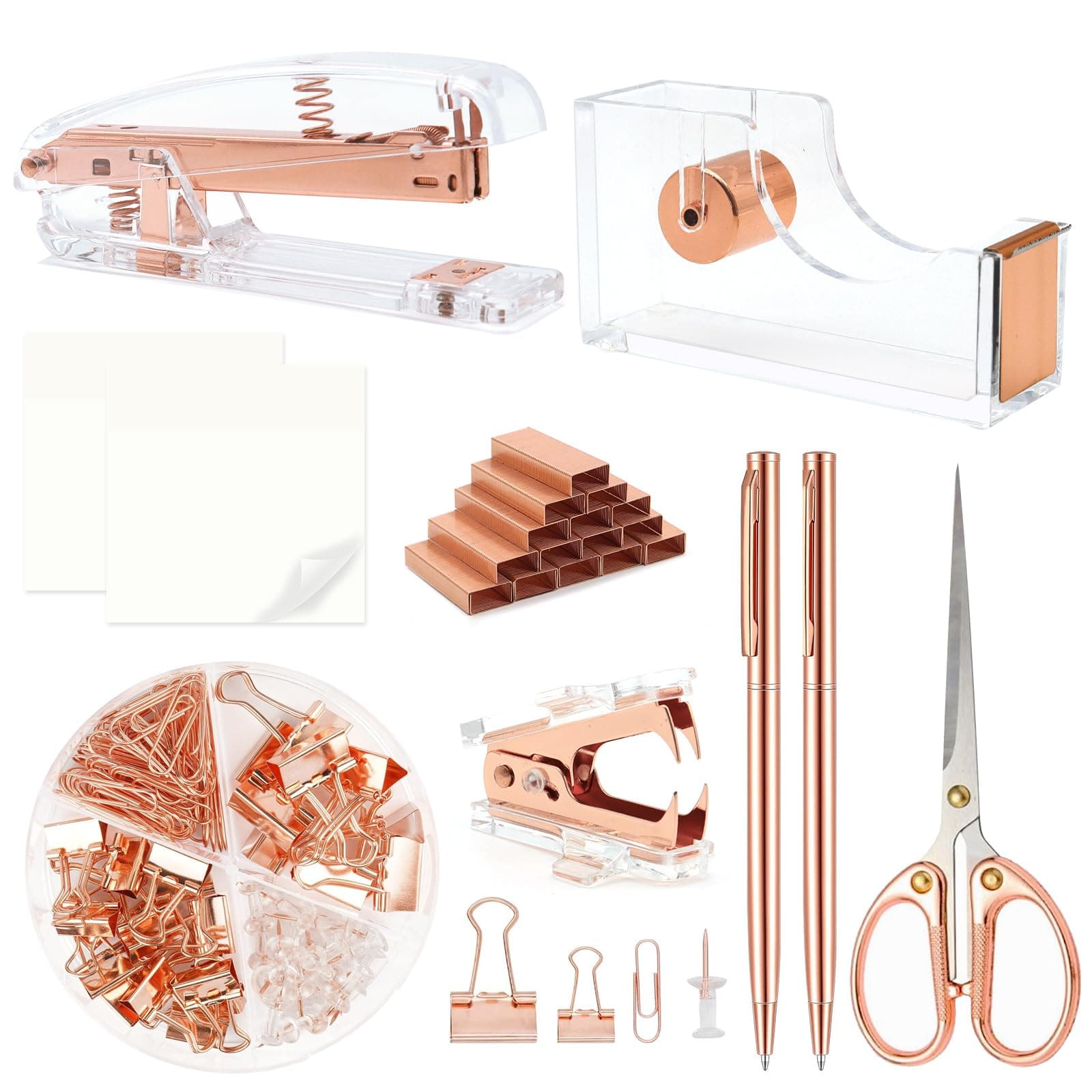 Rose Gold Office Supplies,UPIHO Rose Gold Desk Accessories,Stapler and Tape Dispenser Set with Stapler,Tape Dispenser, Staple Remover, Staples, Clips,Scissor,Pen and Sticky Notes,Gifts for Coworkers