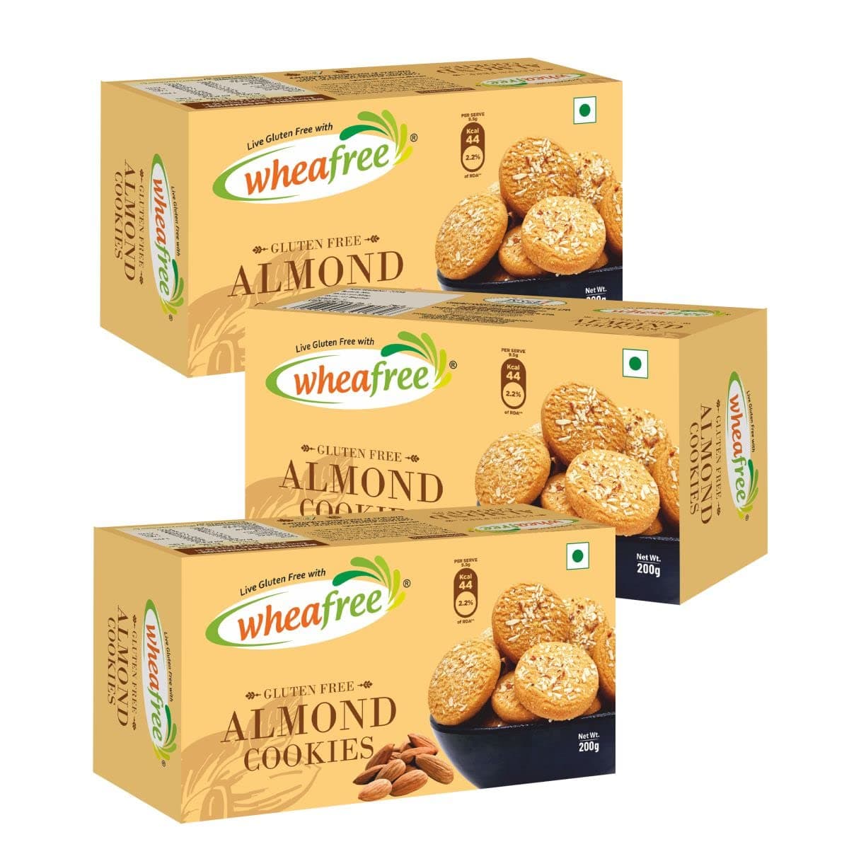 wheafree Gluten Free Almonds Cookies(Pack Of 3 X 200G Each)| Tasty, Crunchy & Flavoured Cookies | Best Tea Time Snacks | Nutritious | 100% Vegetarian & Gluten Free Ingredients, 600 Grams
