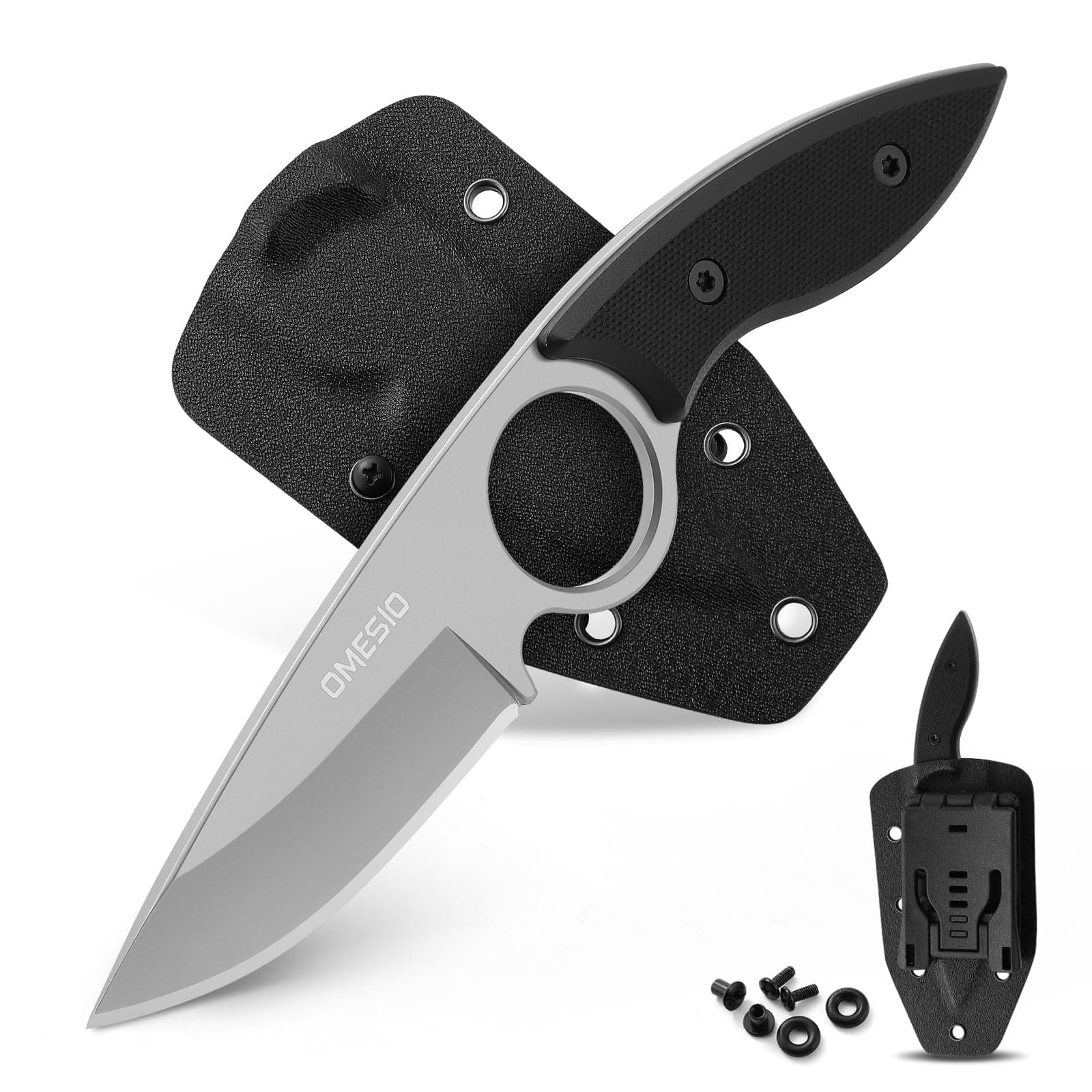 Omesio Small Fixed Blade Knife, Tactical Hunting Camping Survival Knife with Kydex Sheath, Full Tang Stainless Steel 2.68-Inch Drop Point Blade G10 Handle, EDC Neck Knife, White