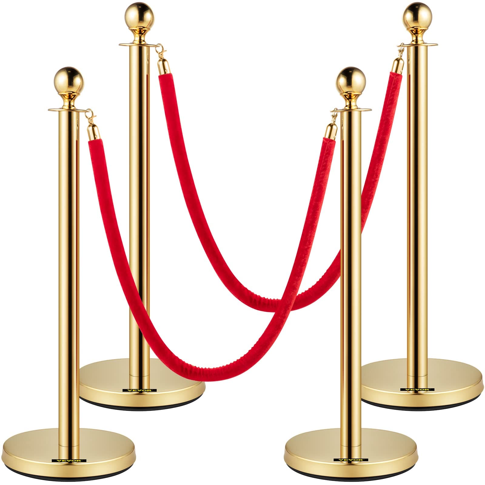 VEVORVelvet Ropes and Posts, 5 ft/1.5 m Red Rope, Stainless Steel Gold Stanchion with Ball Top, Red Crowd Control Barrier Used for Theaters, Party, Wedding, Exhibition, Ticket Offices 4 packSets