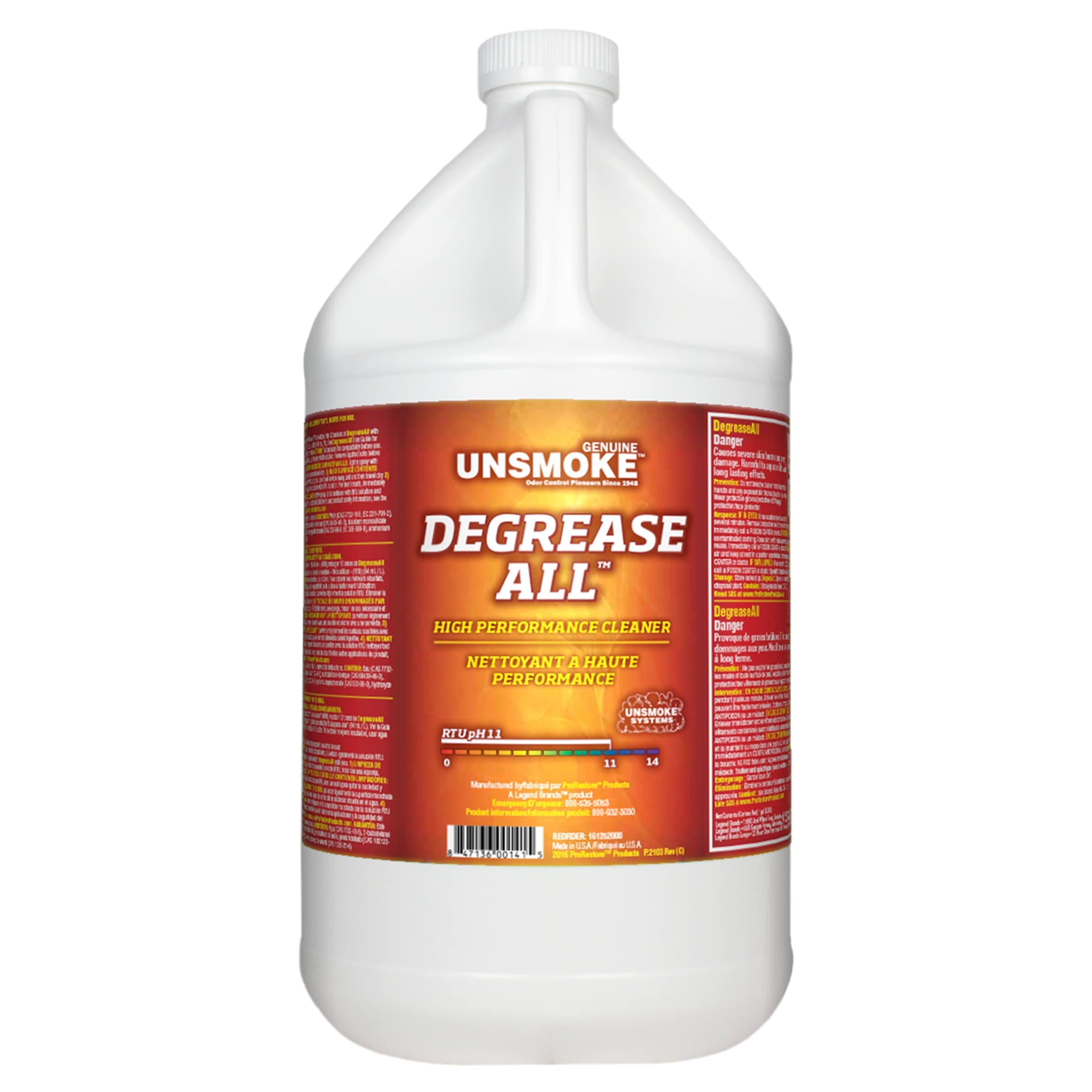 Unsmoke Degrease-All Professional Cleaner Degreaser, High Performance Concentrate, Removes Greasy Soils and Smoke Residue, 1 Gal.