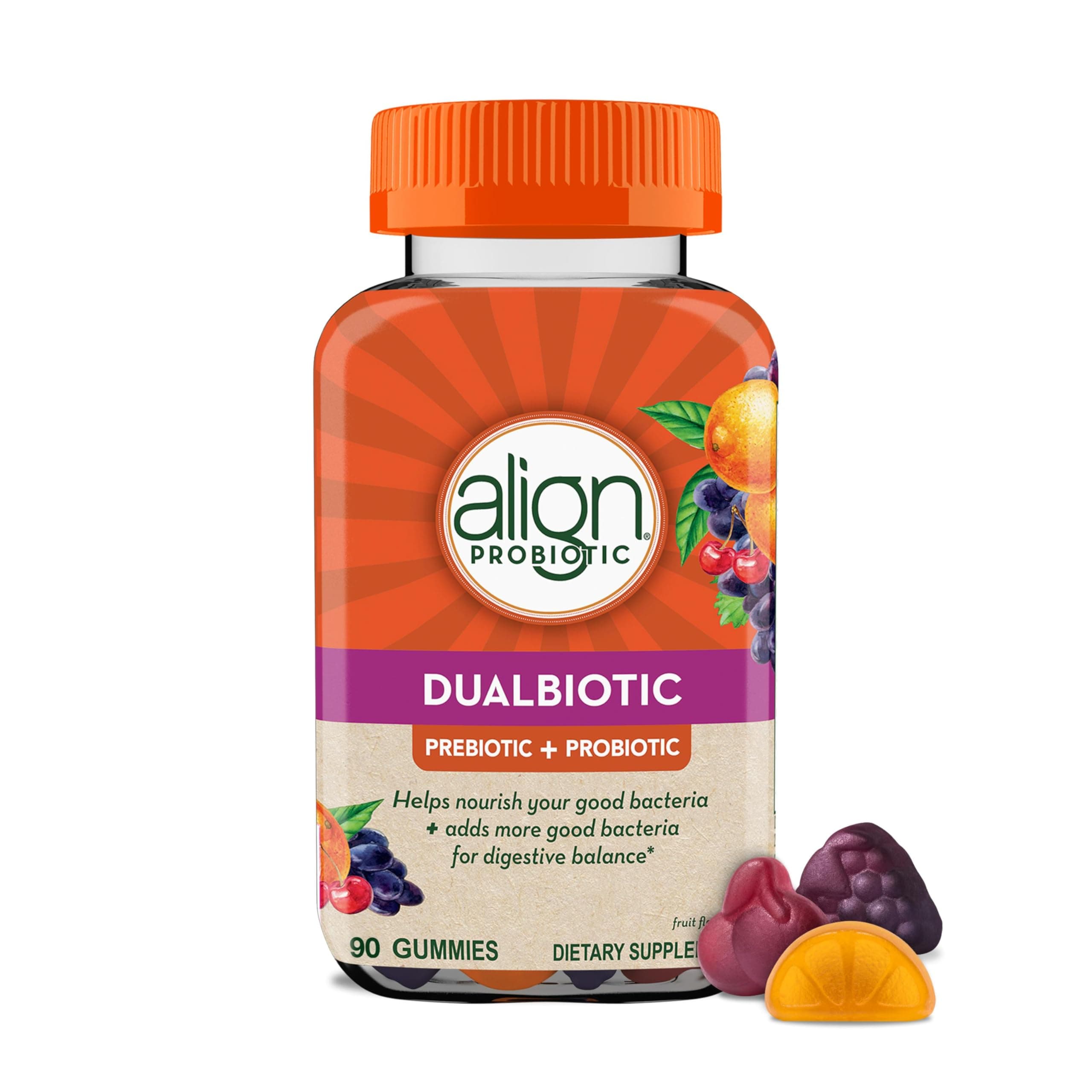 Align DualBiotic, Prebiotic + Probiotic for Women and Men, Help Nourish and Add Good Bacteria for Digestive Support, Natural Fruit Flavors, 90 Gummies