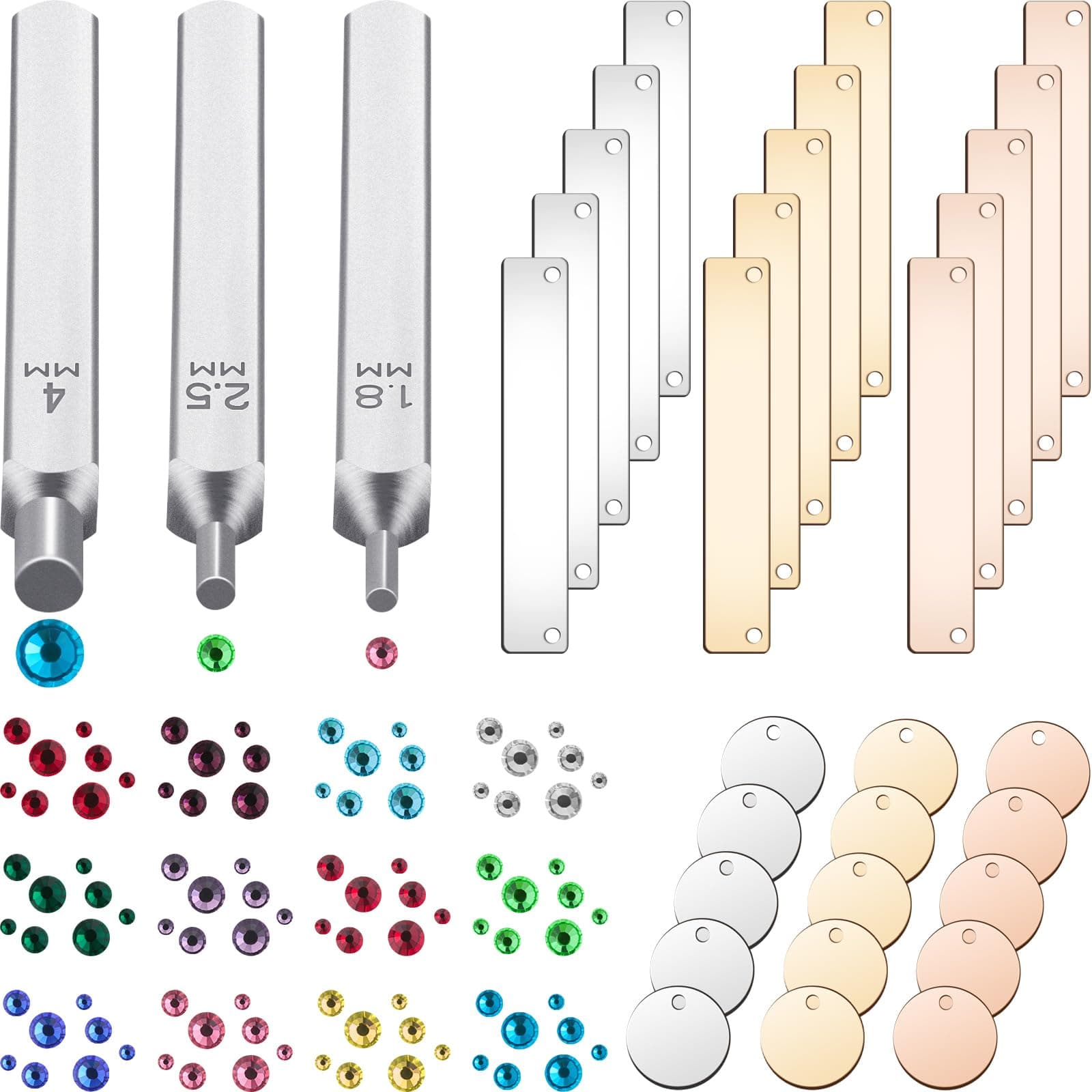 Jewelry Metal Stamping Tools Kits, Includes 3 Punch Tools, 1500 Rhinestones, 15 Signs, 15 Tags Metal Stamping Blank Tag Pendants for DIY Necklace Bracelet