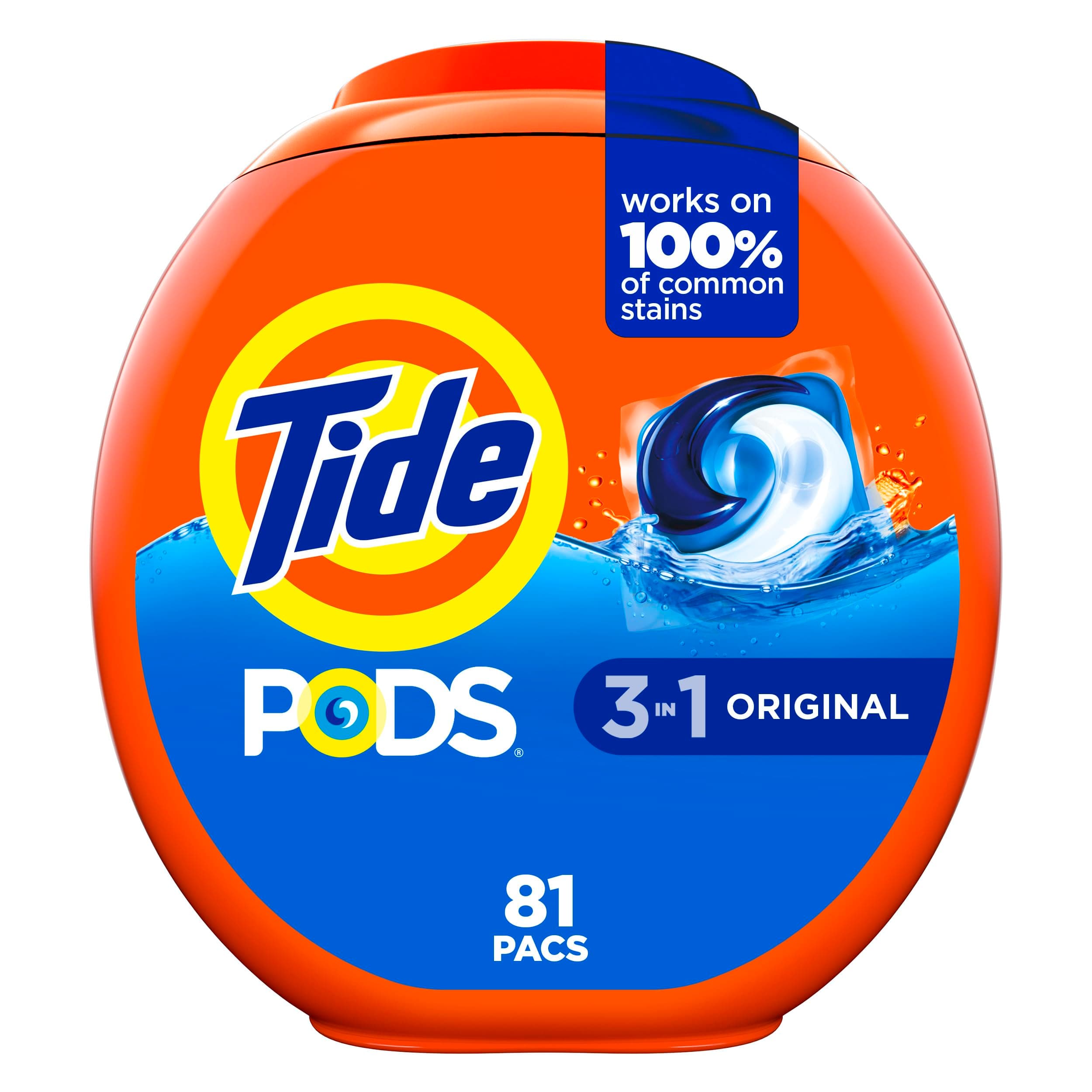 Tide PODS laundry detergent pacs, 3-in-1 Stain Remover, Odor Fighter, Color Protector, 81 Count, HE compatible, Original Scent