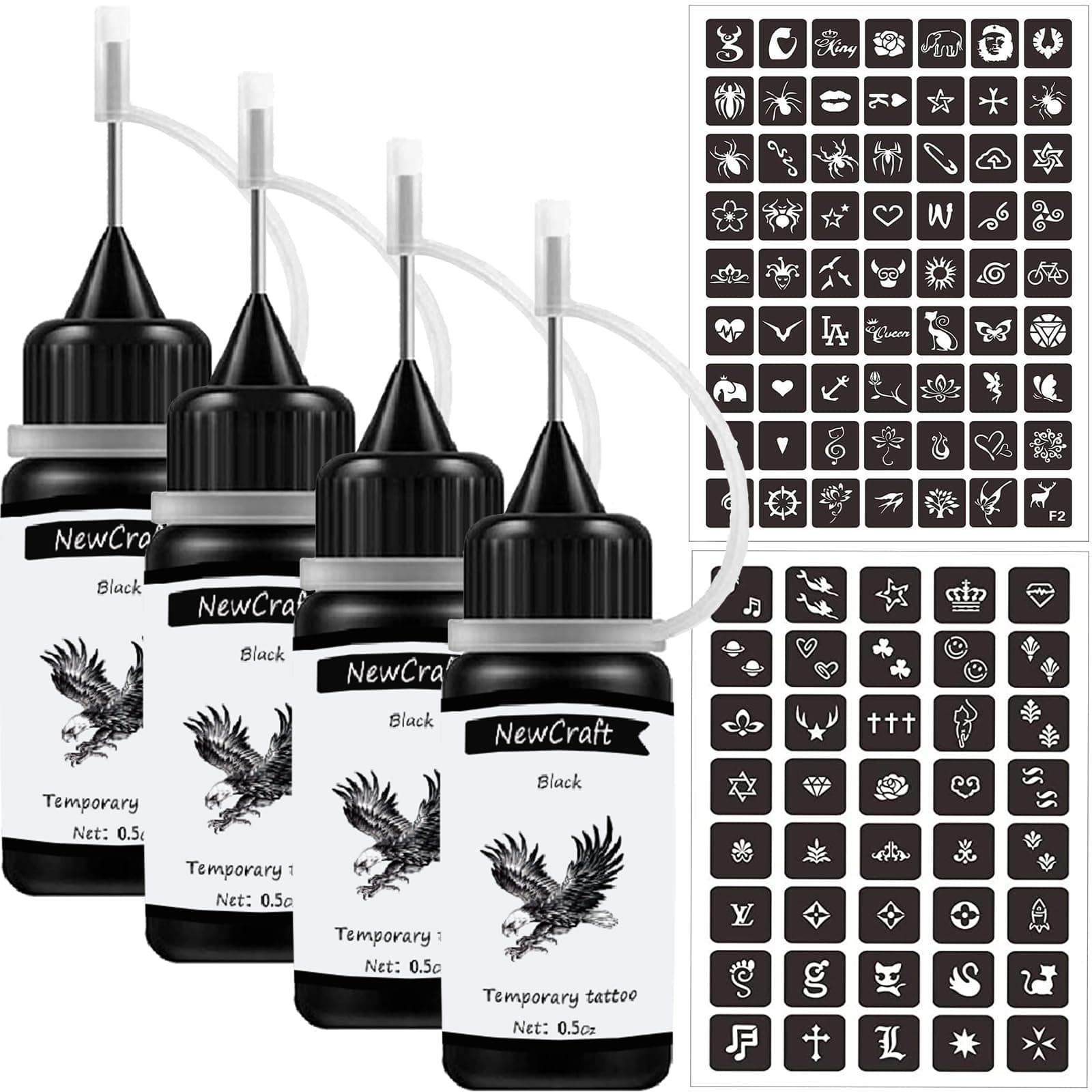 4 Packs Black Temporary Tattoo Ink and Stencils for Women Men, Trend DIY Fake Freckles 103 Pcs Stencils Temporary Tattoo Kit