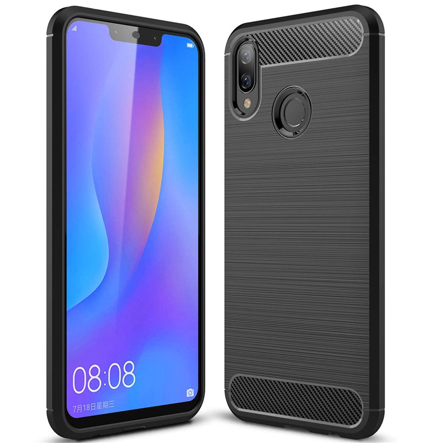 P Smart Plus Case, LANDEE Soft Silicon Back Cover Resilient Shock Absorption and Carbon Fiber Design Protective Case for Huawei P Smart Plus/P Smart+ / Huawei Nova 3i - Black