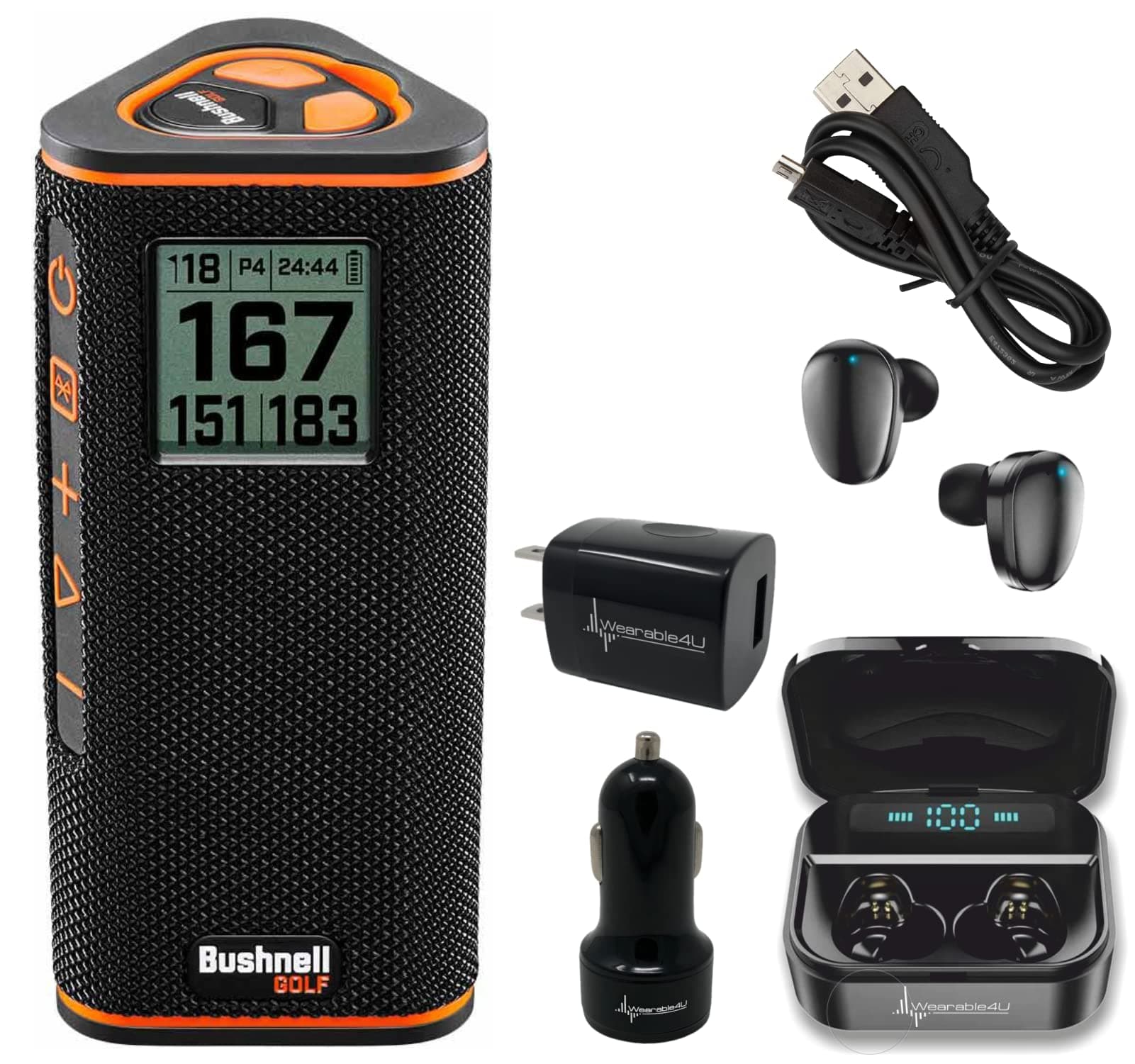 Bushnell Wingman View Golf GPS Bluetooth Speaker with Ultimate Black Headphones and Wall & Car Chargers