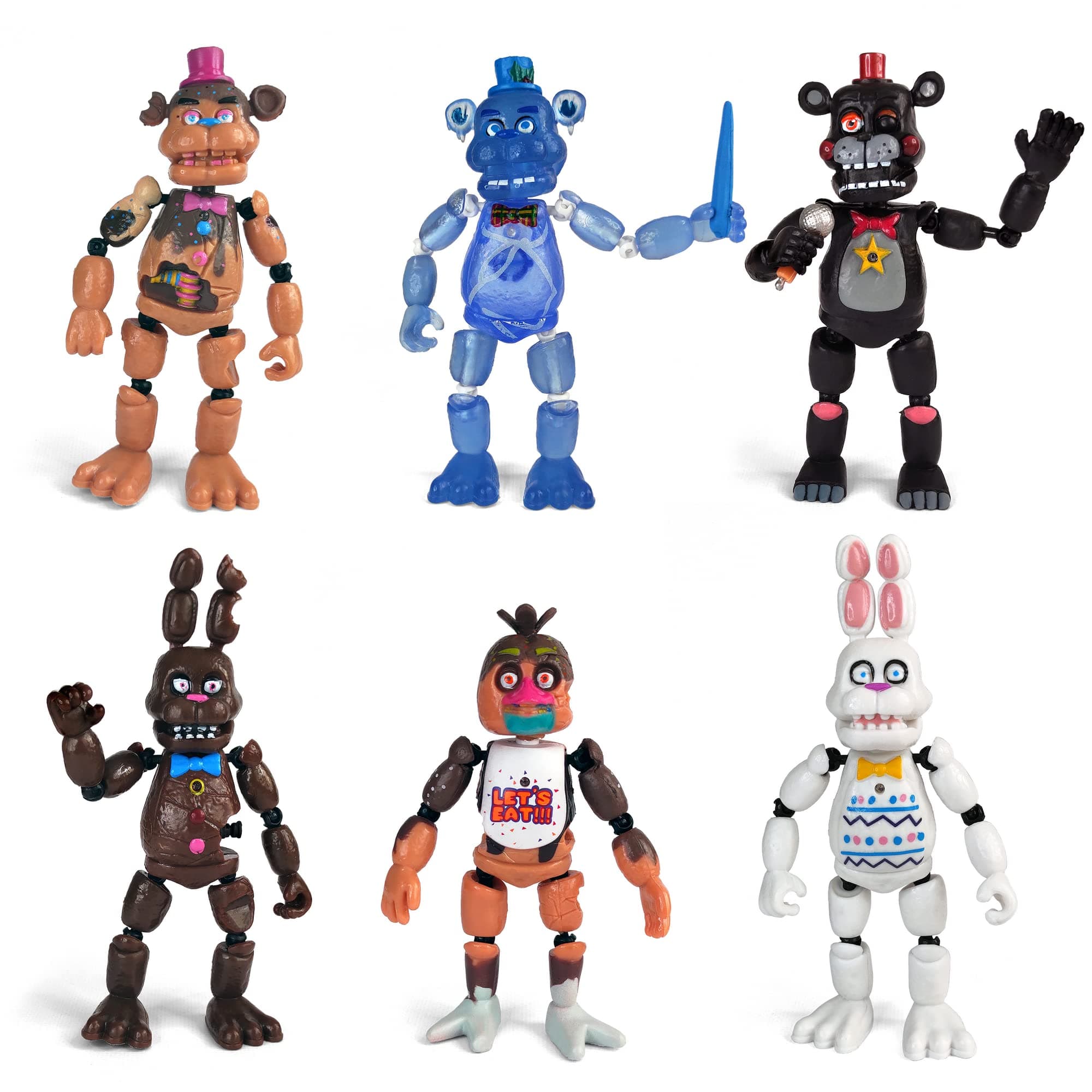 Inspired by Five Nights at Freddys | Chocolate Collection | Freddy's Action Figures Toys (FNAF) Set of 6 pcs [Rockstar & Chocolate Freddy, Bonnie, Chica, Easter, Freddy Frostbear]