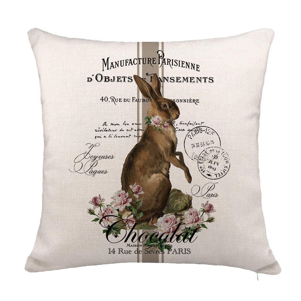 YOENYY Rabbit Easter Throw Pillow Cover Cushion Case for Sofa Couch Vintage French Shabby Chic Bunny Home Decor Cotton Linen 18" x 18"