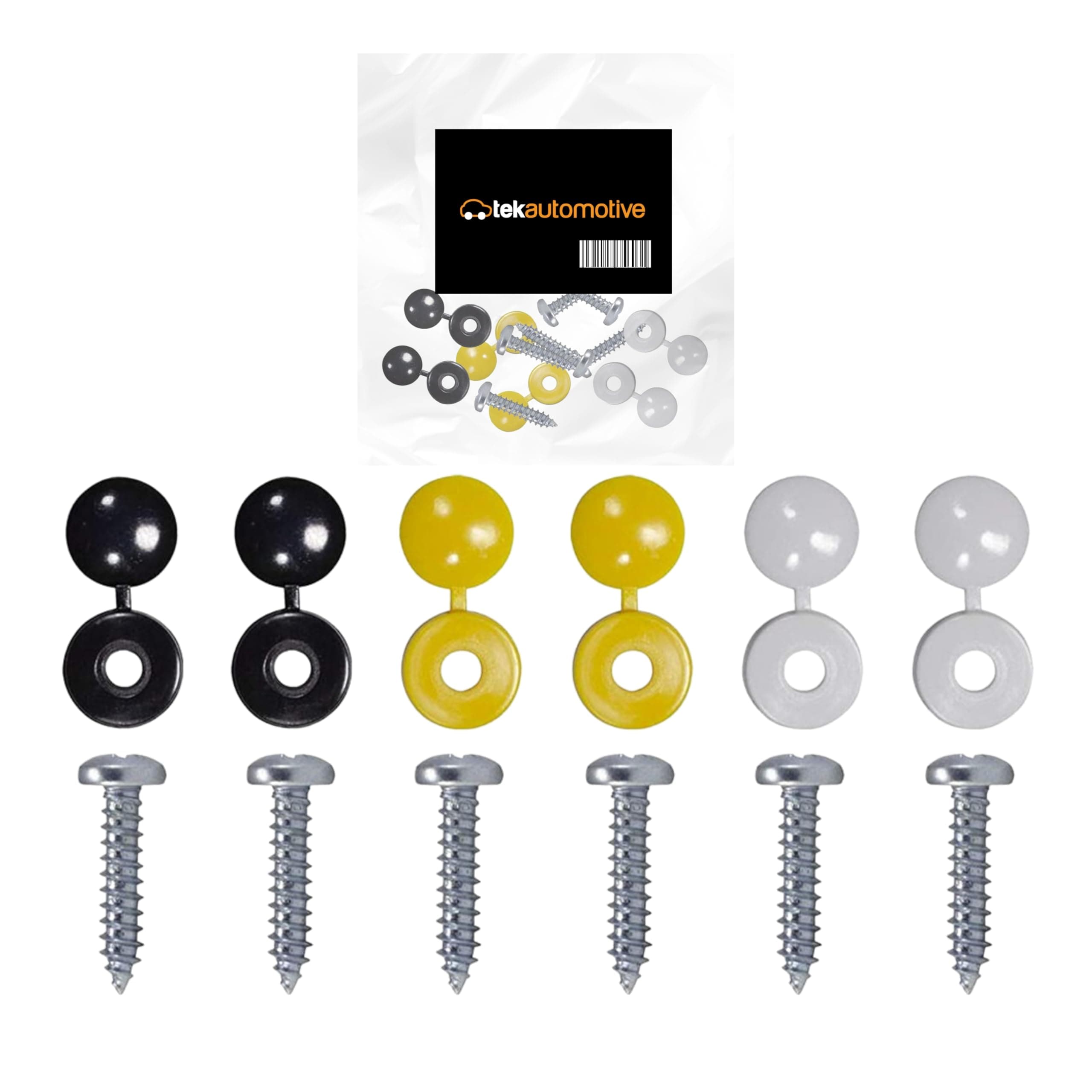 Number Plate Screws and Caps Kit – 12 Pcs | Black White Yellow Screw Caps with Self Tapping Screws