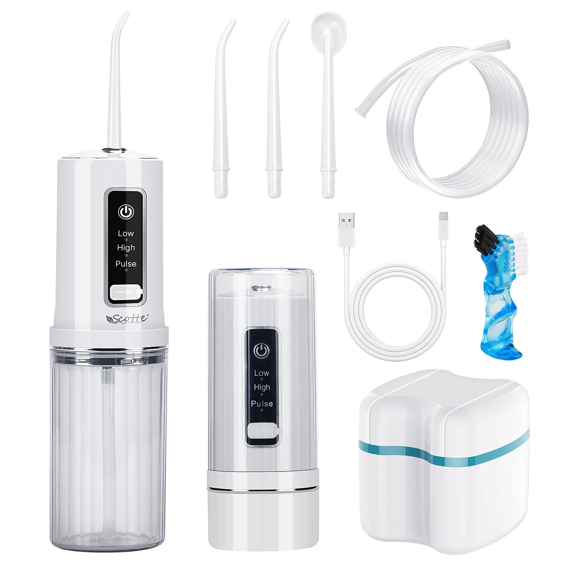 Scotte Water Flosser Cordless Foldable Oral Irrigator 3 Modes 4 Jet Tips Rechargeable Water Dental Flosser and Denture Case Portable Water Teeth Cleaner Pick for Home or Travel