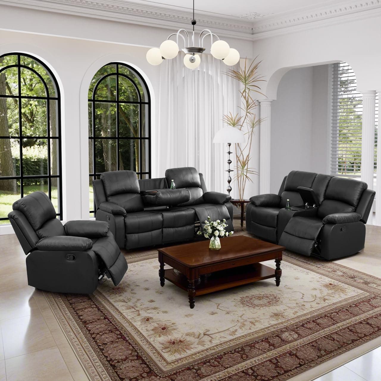 Manual Recliner Sofa Set, Bonded Leather Sofa Set with Recliners, Leather Reclining Couch Set with Storage Concole/CupHolders for Living Room (Black, Sofa+LOVESEAT+Chair)