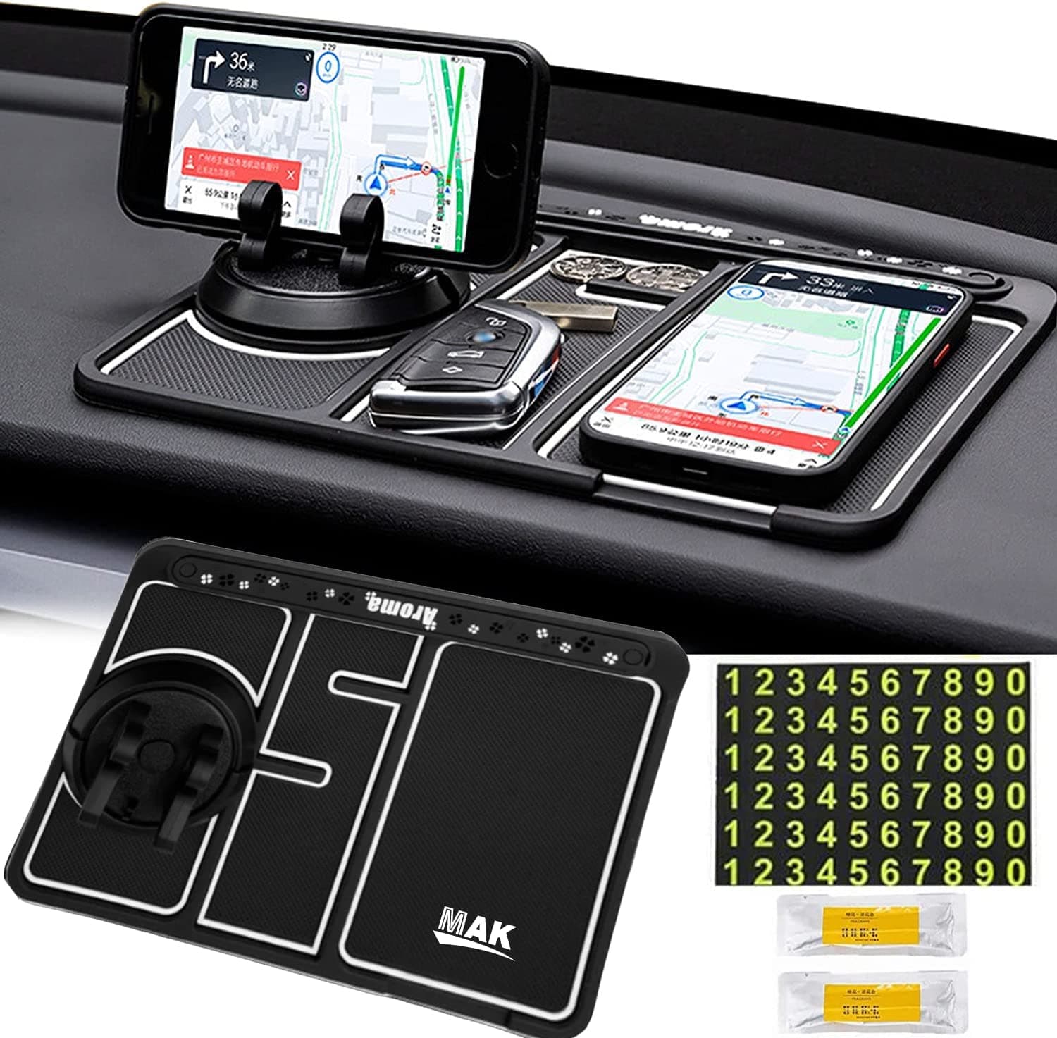 MAK Anti-Slip Car Dashboard Mat With Phone Holder & Aromatherapy - Universal Non Slip Sticky Rubber Pad with 2 Aroma Sticks & Radium Night Glow for Smartphone, GPS Navigation- Black (Radium White)