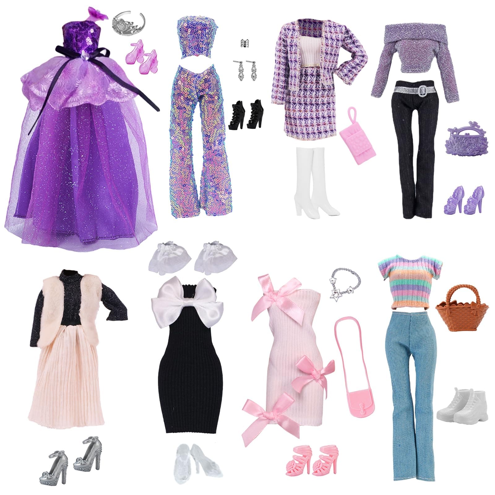 34 Pcs Clothes and Accessories Compatible with 11.5 Inch Girl Dolls, 8 Set Doll Clothes and Fashion Packs, 1 Princess Dress 1 Ballet Skirt 3 Elegant Skirts 7 Tops 3 Pants 8 Shoes 5 Bags 1 Crown