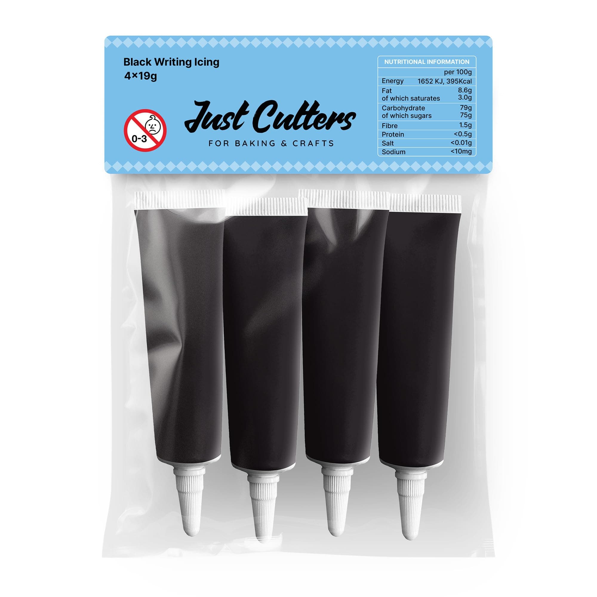 JUST CUTTERS Pack of 4 x 19g Writing Icing Tubes | Ready To Use | Instant Icing Pens for Writing, Drawing & Personalising Cakes, Biscuits & Baking (Black)