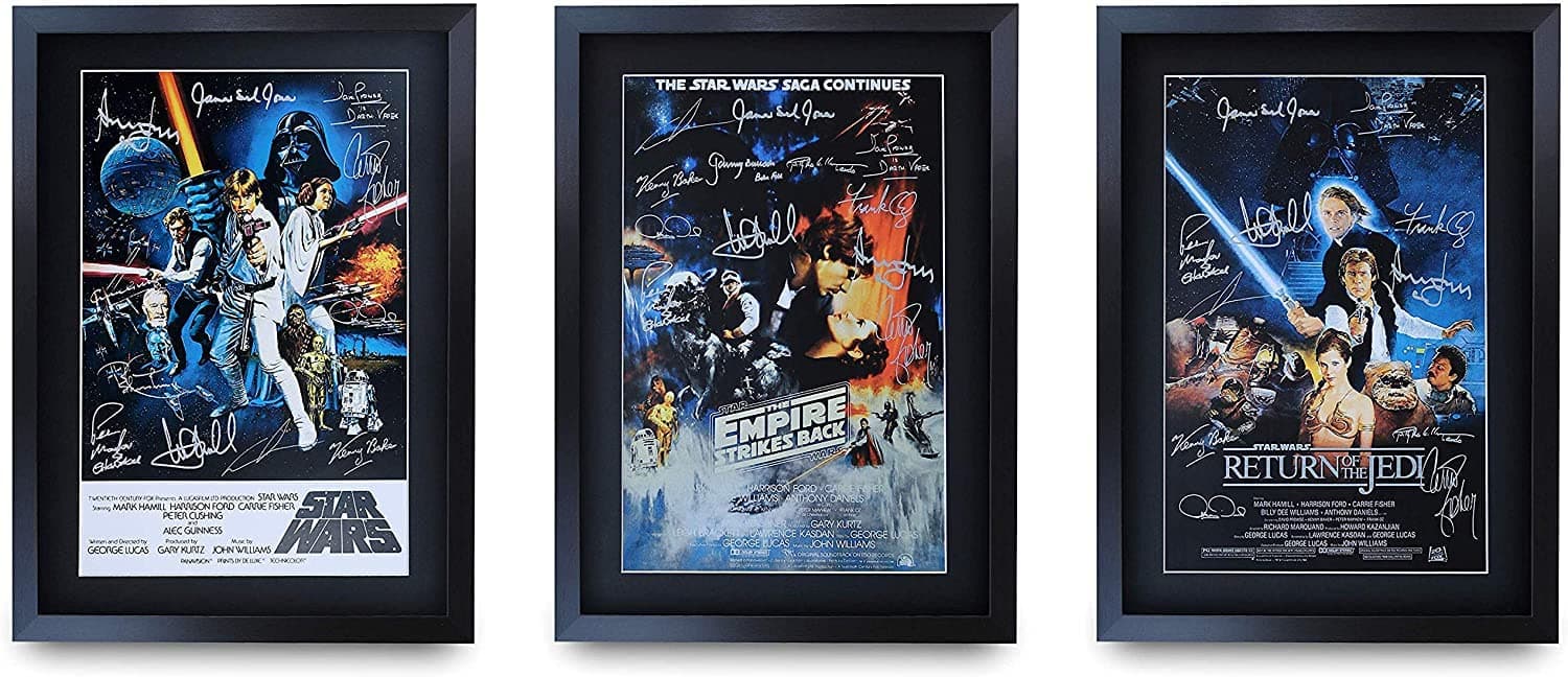 A3 FR The Star Wars Trilogy Movie Poster Collection Cast Signed Gift Framed Printed Autograph Mark Hamill Harrison Ford Carrie Fisher Alec Guinness Gifts Print Photo Picture Display