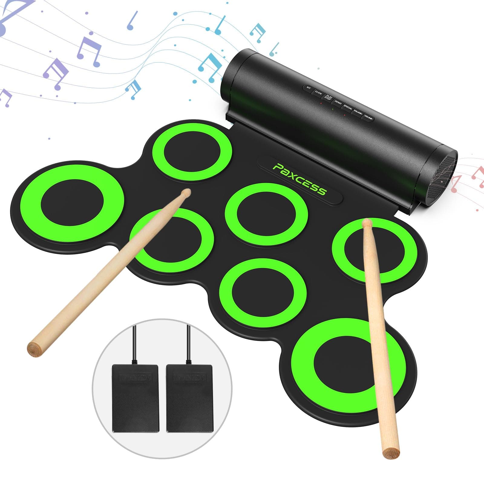 PAXCESS Electronic Drum Set, Roll Up Practice Pad Midi Kit with Headphone Jack, Built-in Speaker, Pedals, Sticks, 10 Hours Playtime - Great Holiday Birthday Gift for Kids
