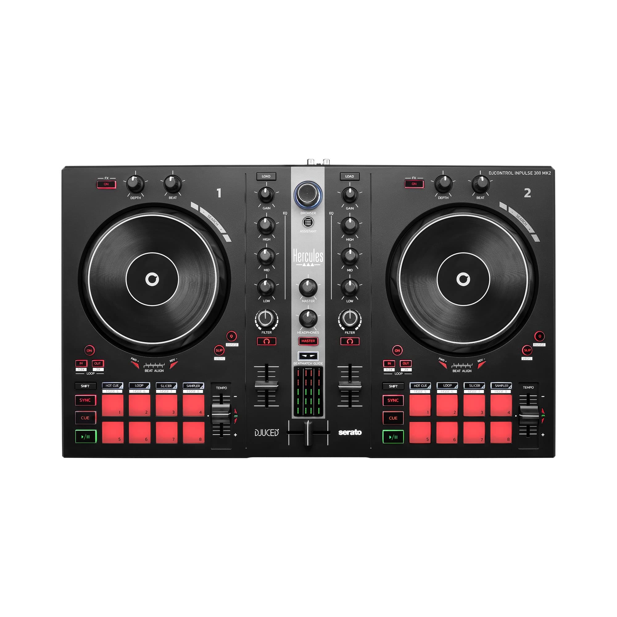 Hercules DJControl Inpulse 300 MK2 USB DJ Controller – Beginner DJ Set, 2-Deck Mixer with Built-In Sound Card, 16 Pads, Serato DJ Lite & DJUCED Software Included