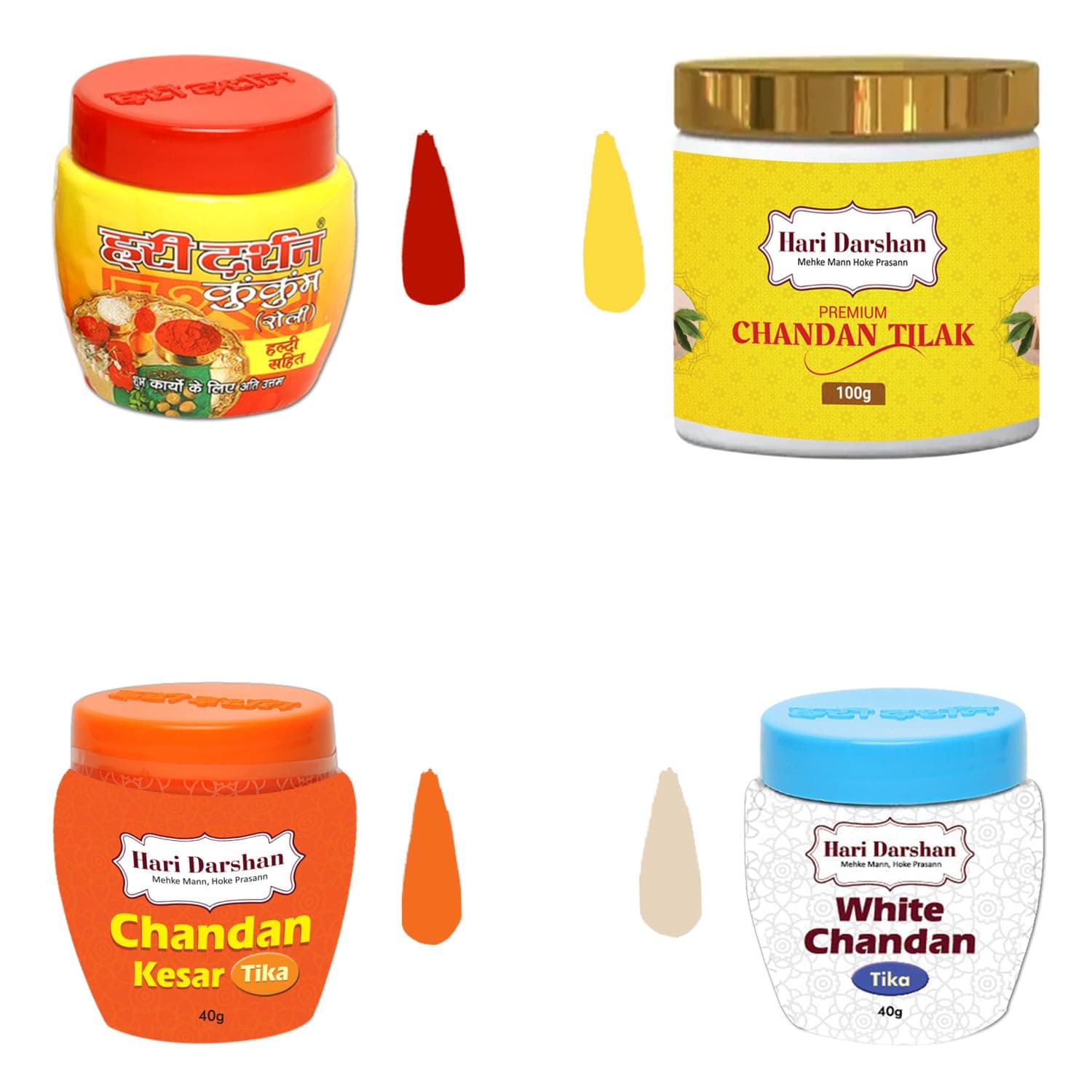 Hari Darshan Premium Chandan Tika | Natural Chandan Tilak |Kesar Tika| Kumkum Roli | White Chandan | Spiritual Tilak for Puja Essential Havan Rituals with Beautiful Fragrance | Combo - Pack of 4