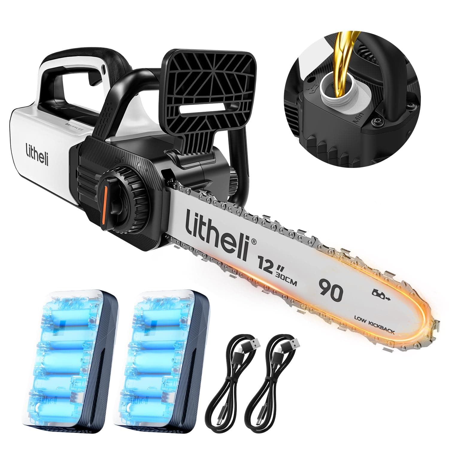 Litheli 12" Brushless Electric Battery Chainsaw, Chain Saw with 2 x 20V MAX 2.0Ah Battery，Cordless Handheld Battery Powered Chainsaw Auto-Lubrication for Wood Cutting Trimming Courtyard