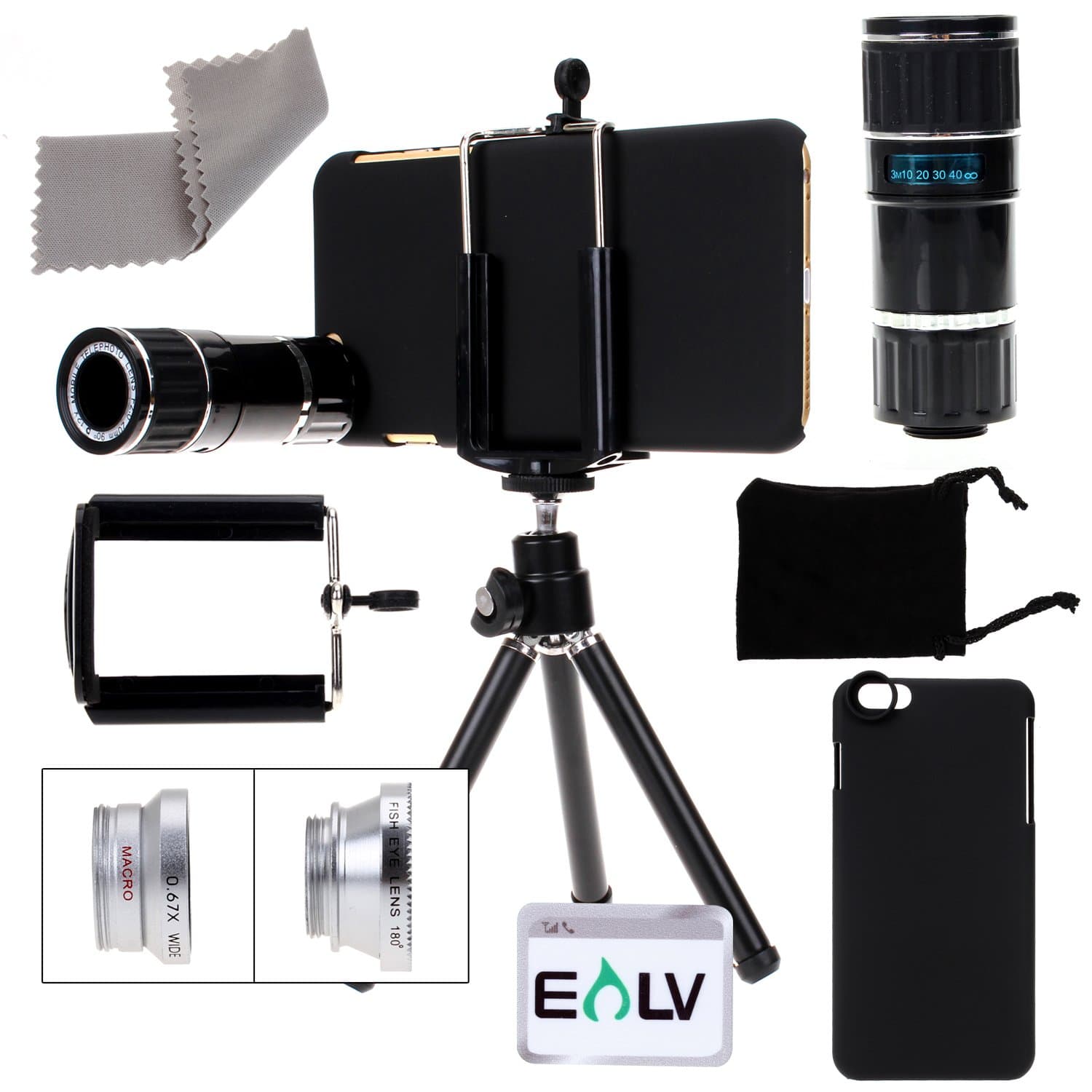 E LV iPhone 6S Plus / iPhone 6 Plus Camera Lens Kit - 12x Telephoto Lens, 3 Quick-Connect Lens Solution (Fisheye Lens, Macro Lens, Wide Angle Lens), 1 Mini Tripod and 1 Microfiber