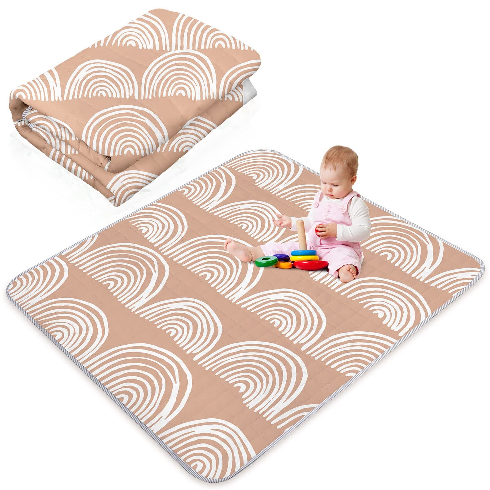 Funtery 43 x 43 Inch Boho Baby Play Mat Portable Crawling Washable Foldable Tummy Time Non Slip Baby Floor Large Playpen Mat for Infants Toddlers Floor Playpen Activity(Fresh Rainbow)