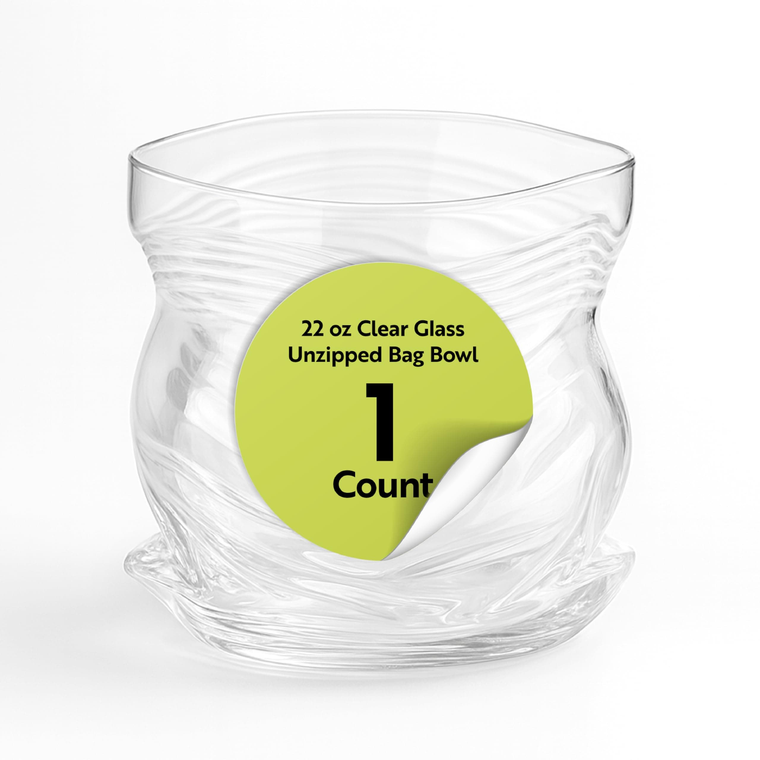 Unzipped Glass Zipper Bag, 1 Large Bag - Realistic Crinkled Edges, Serve Candy, Popcorn, or Nuts, Clear Bowl, Dishwasher-Safe, Flat Base Restaurantware,White 22 oz RWG0123