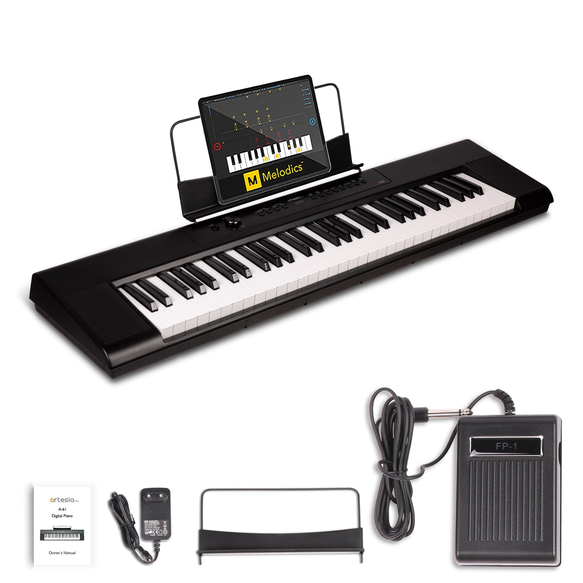 Artesia 61-Key Portable Digital Piano Keyboard with Full-Size Semi-Weighted Keys, Beginners Bundle with Sustain Pedal, Music Rack and Free Melodics Piano Lessons